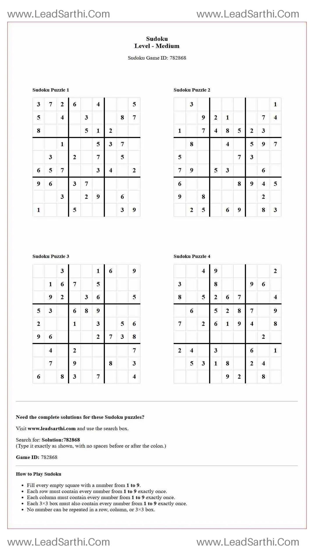 Sudoku Puzzles 4 per Page Medium Level pdf [Game ID: 782868] Thumbnail