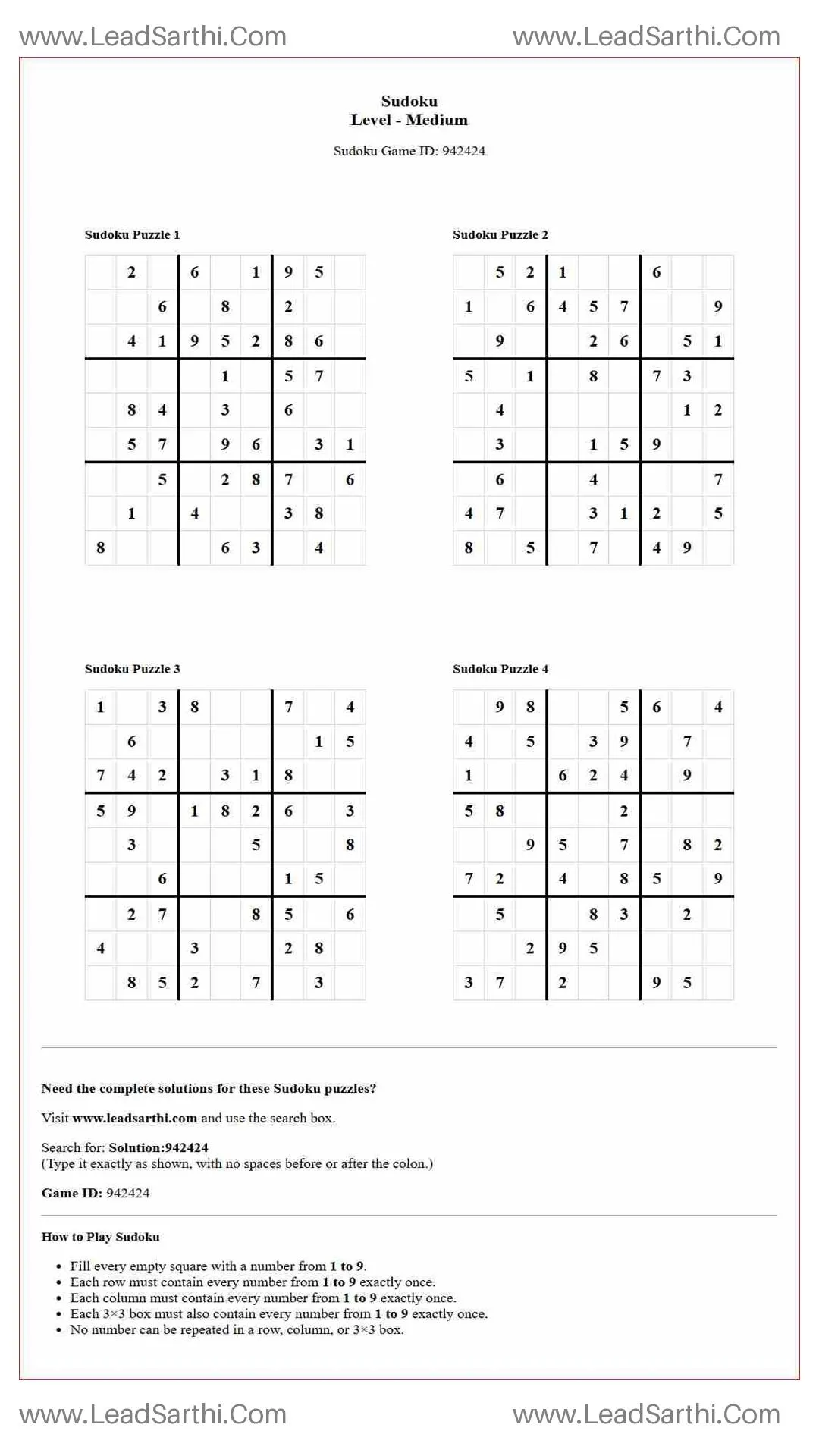 Sudoku Puzzles 4 per Page Medium Level pdf [Game ID: 942424] Thumbnail