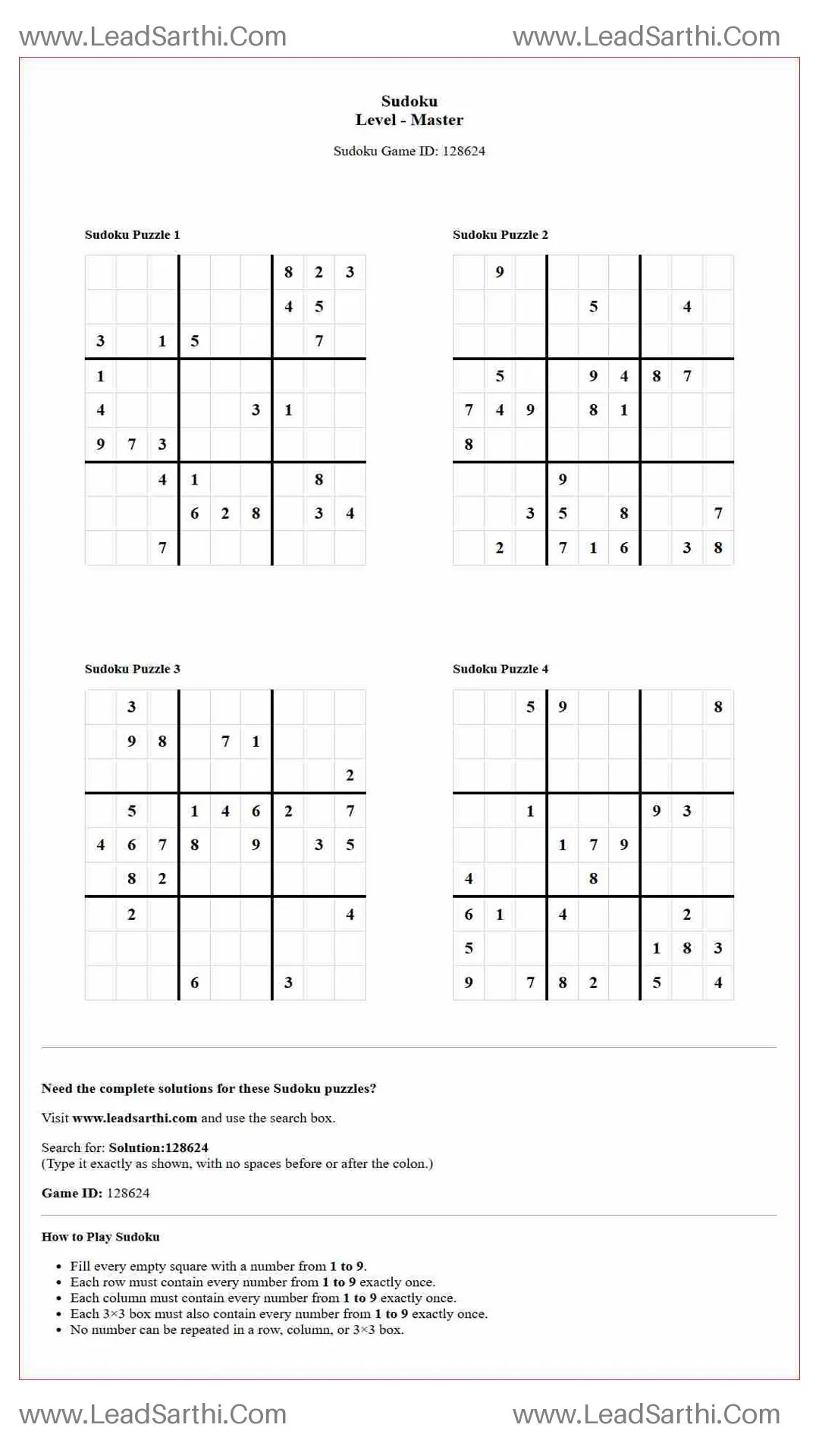 Sudoku Puzzles 4 per Page Master Level pdf [Game ID: 128624] Thumbnail