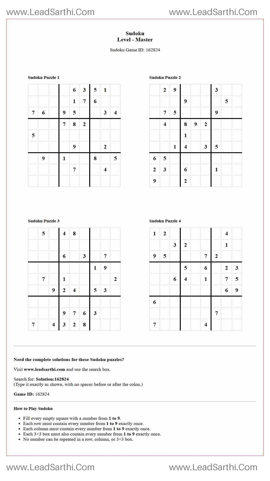 Sudoku Puzzles 4 per Page Master Level pdf [Game ID: 162824] Thumbnail
