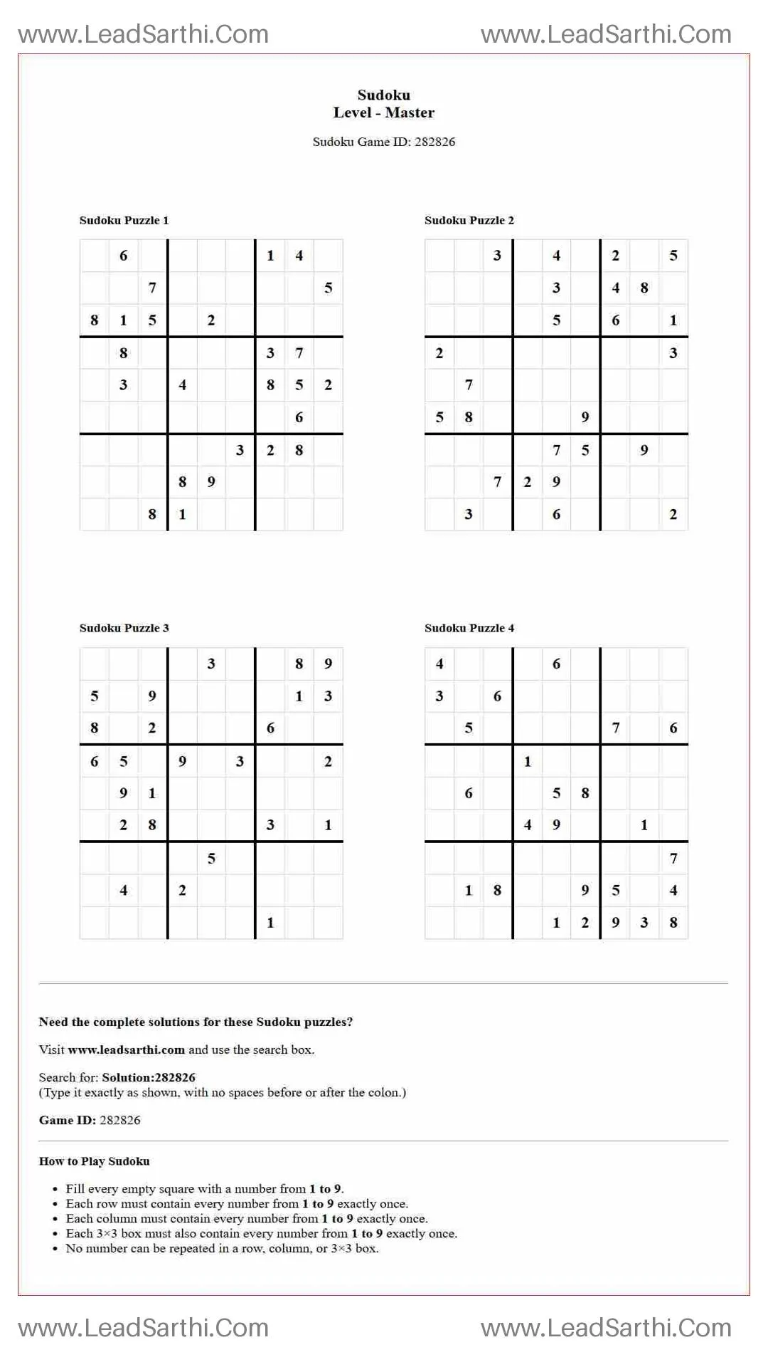 Sudoku Puzzles 4 per Page Master Level pdf [Game ID: 282826] Thumbnail