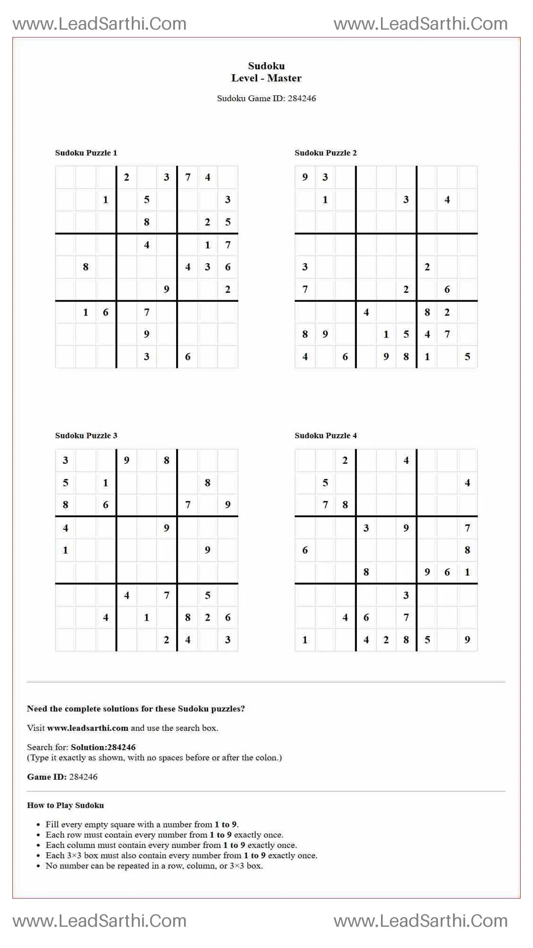 Sudoku Puzzles 4 per Page Master Level pdf [Game ID: 284246] Thumbnail