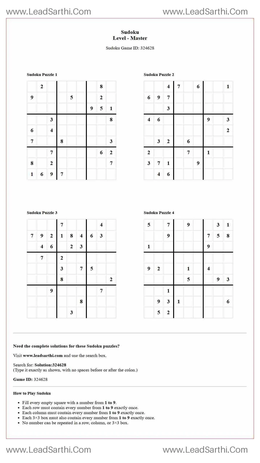 Sudoku Puzzles 4 per Page Master Level pdf [Game ID: 324628] Thumbnail