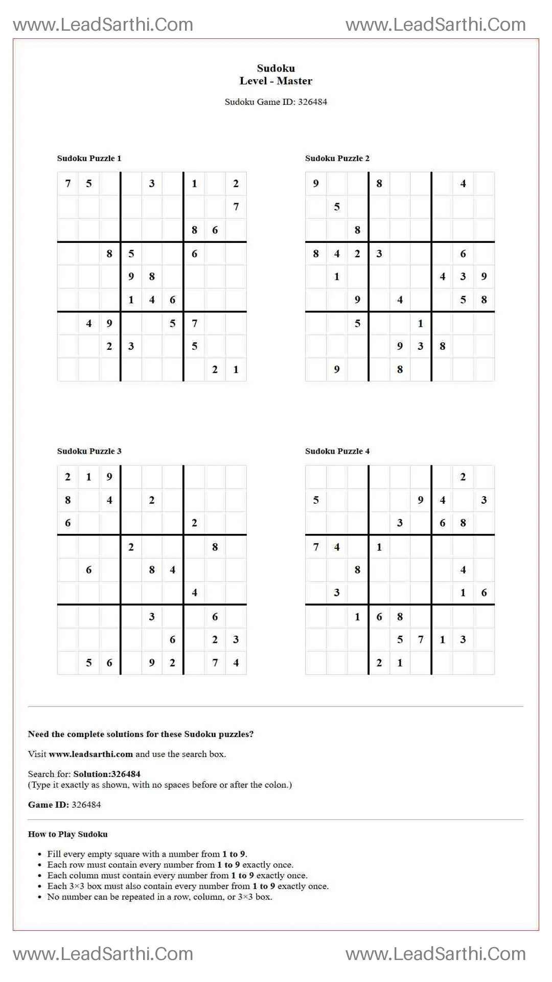 Sudoku Puzzles 4 per Page Master Level pdf [Game ID: 326484] Thumbnail