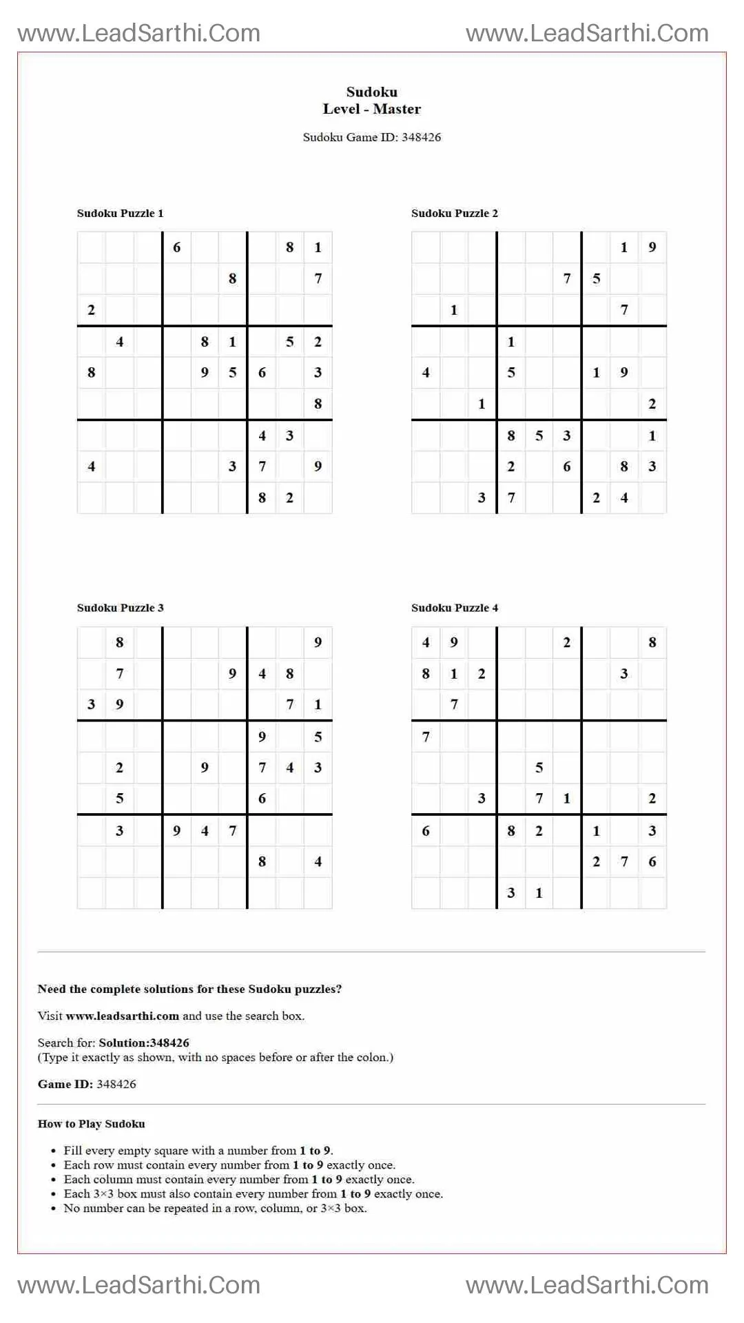 Sudoku Puzzles 4 per Page Master Level pdf [Game ID: 348426] Thumbnail
