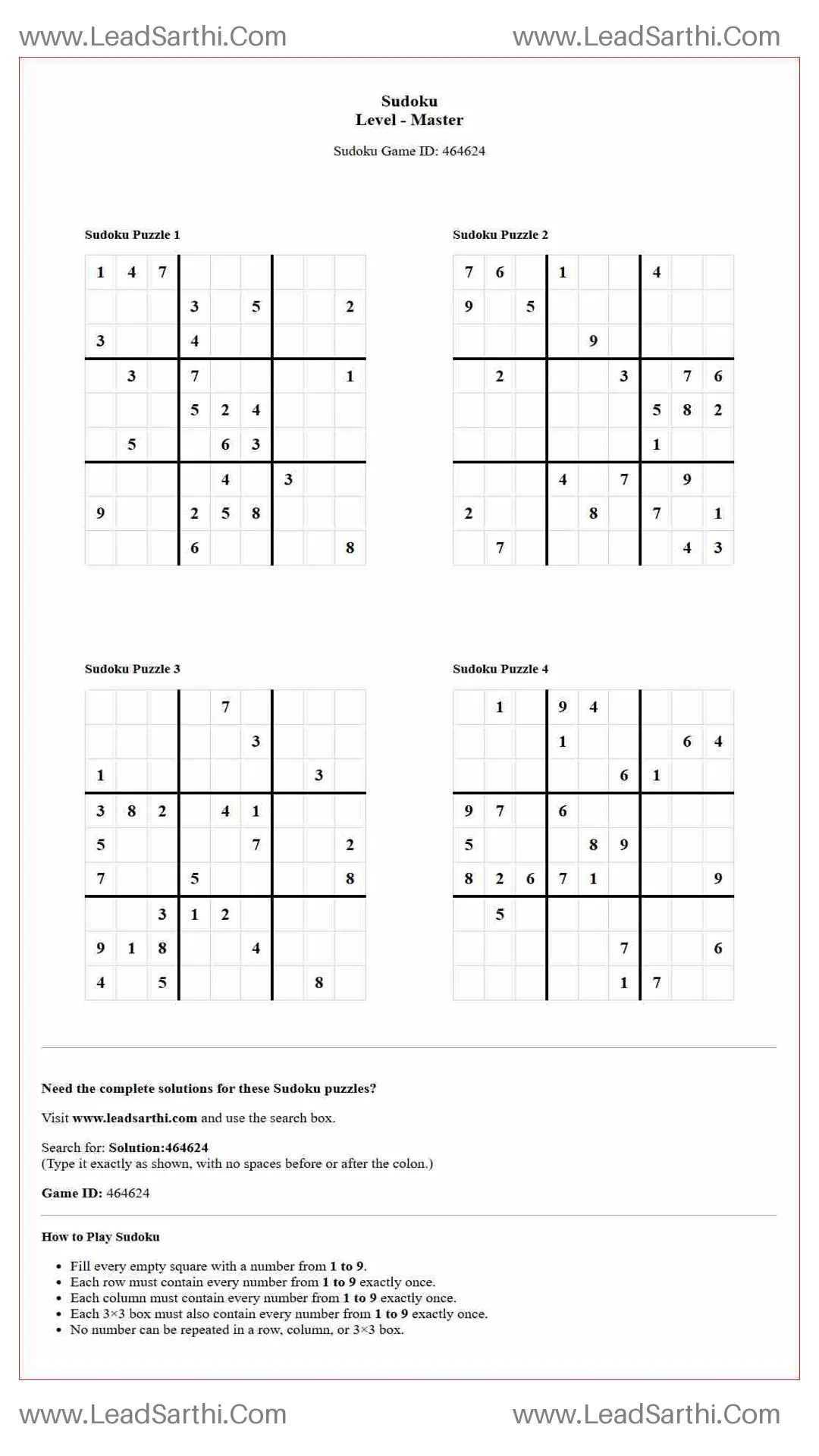 Sudoku Puzzles 4 per Page Master Level pdf [Game ID: 464624] Thumbnail