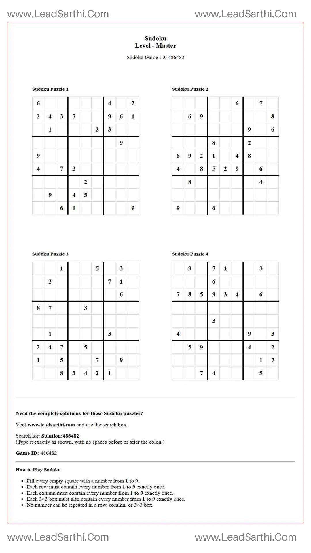 Sudoku Puzzles 4 per Page Master Level pdf [Game ID: 486482] Thumbnail