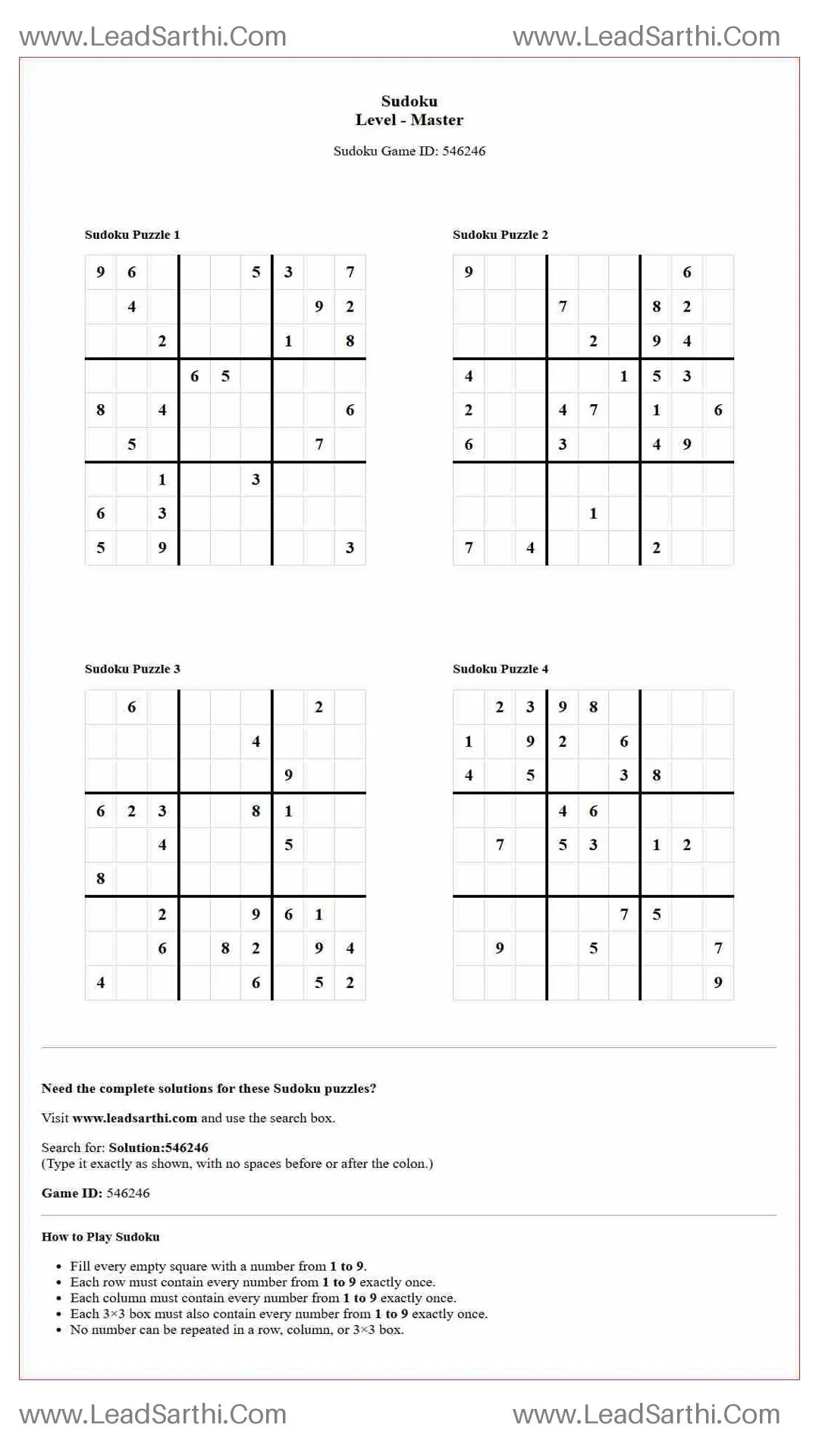 Sudoku Puzzles 4 per Page Master Level pdf [Game ID: 546246] Thumbnail