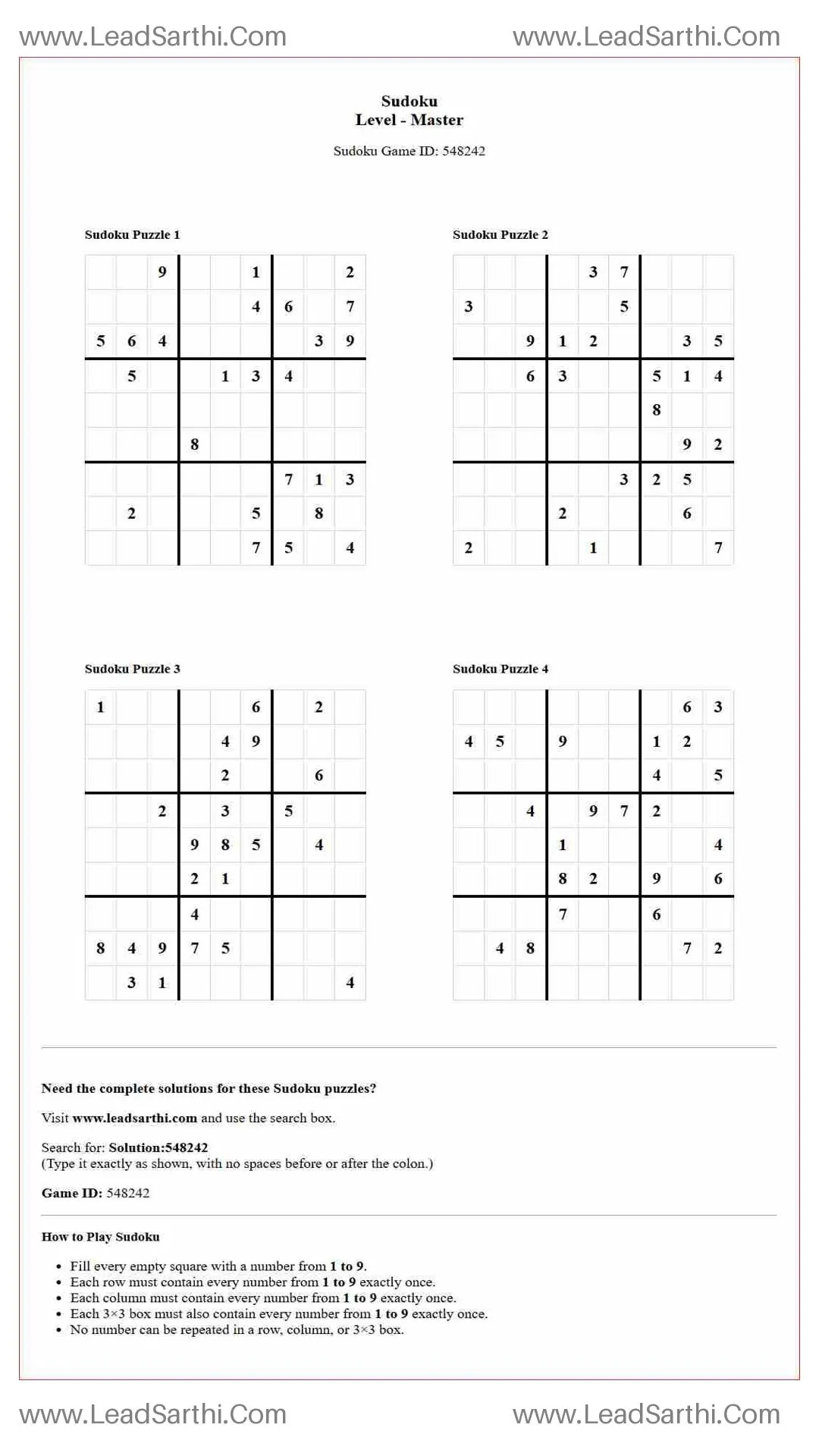 Sudoku Puzzles 4 per Page Master Level pdf [Game ID: 548242] Thumbnail