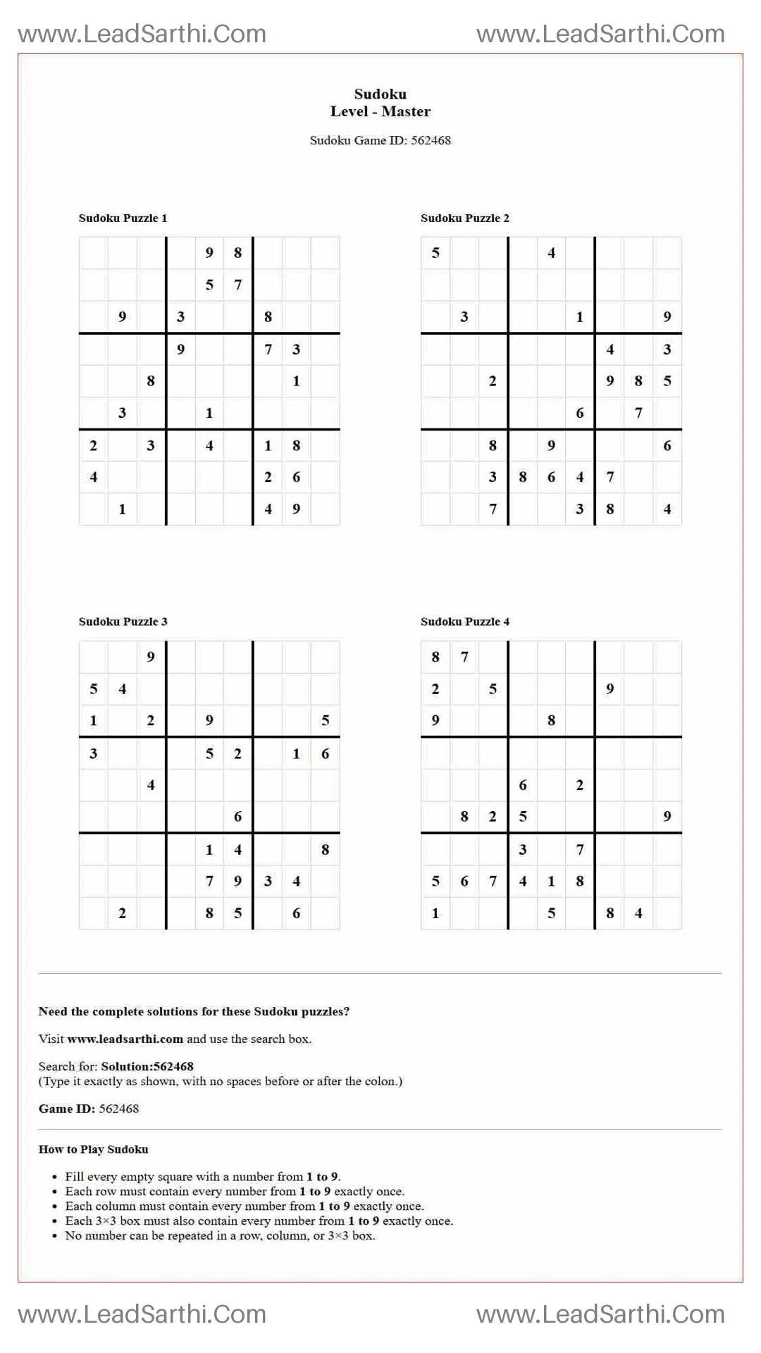 Sudoku Puzzles 4 per Page Master Level pdf [Game ID: 562468] Thumbnail