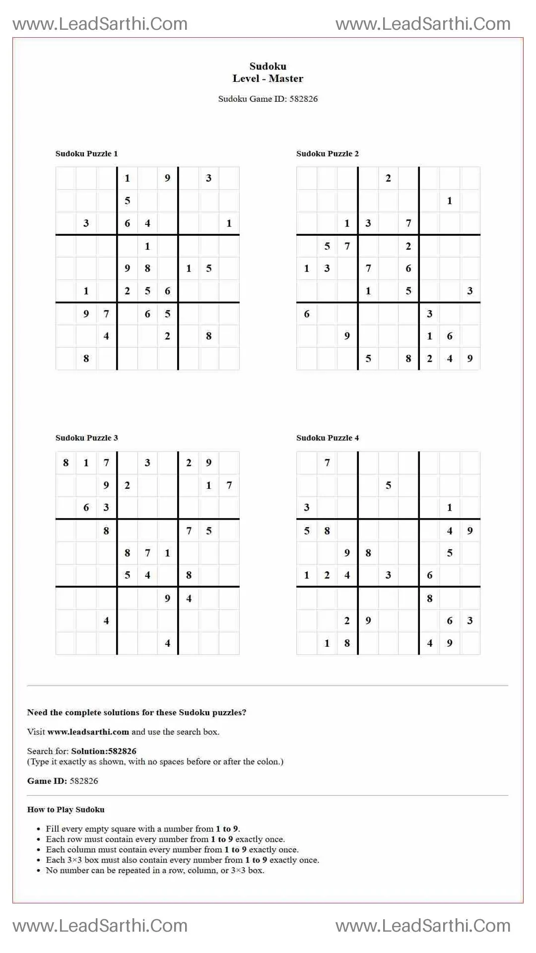 Sudoku Puzzles 4 per Page Master Level pdf [Game ID: 582826] Thumbnail