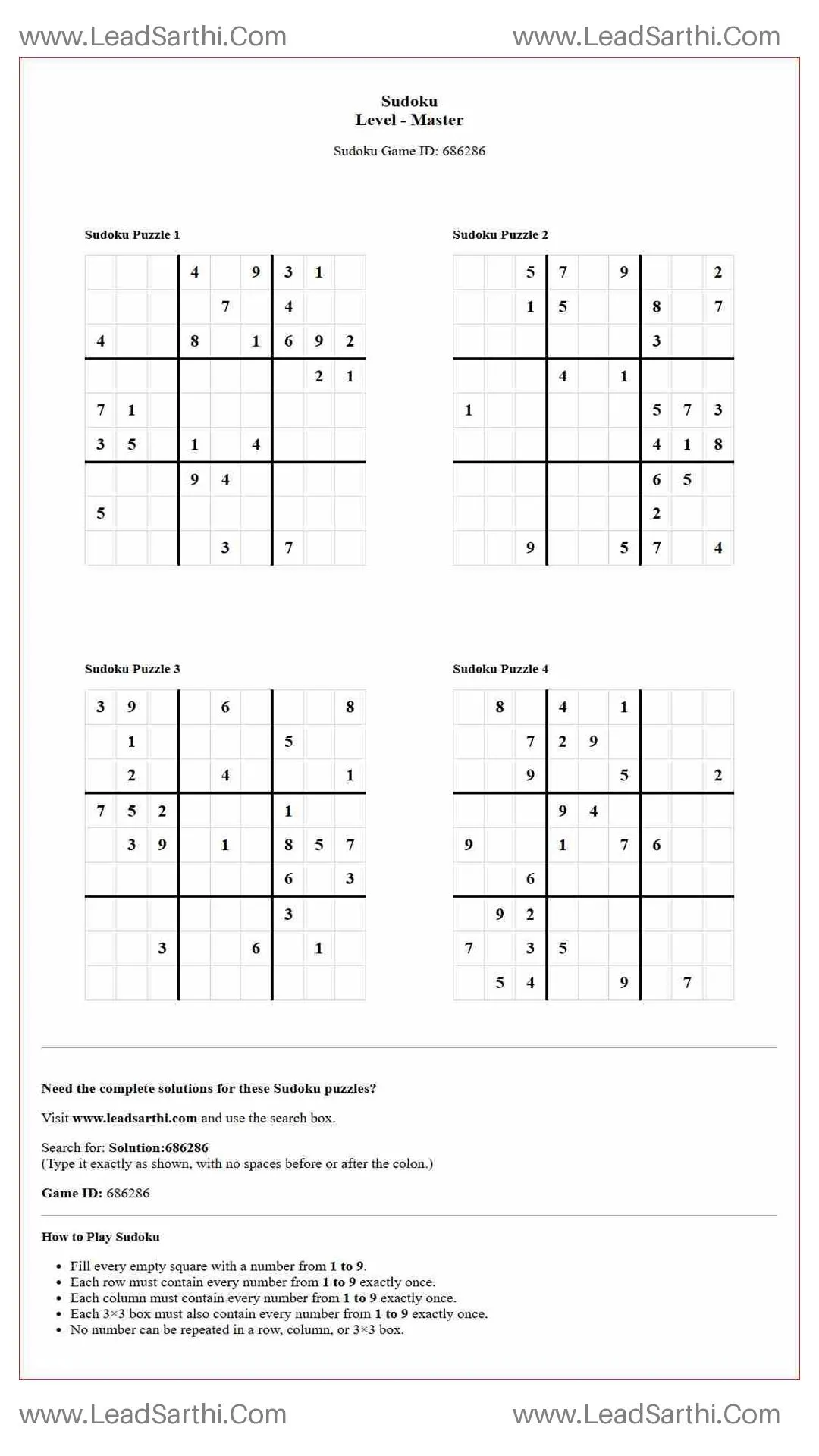 Sudoku Puzzles 4 per Page Master Level pdf [Game ID: 686286] Thumbnail
