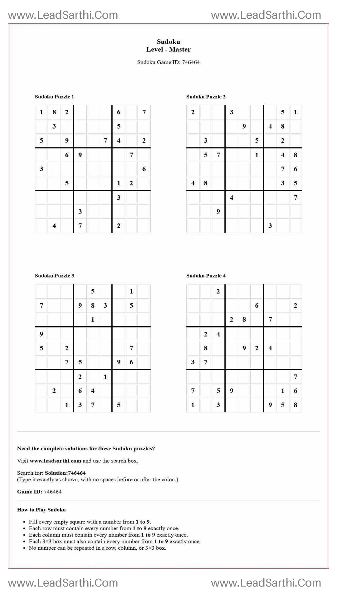 Sudoku Puzzles 4 per Page Master Level pdf [Game ID: 746464] Thumbnail