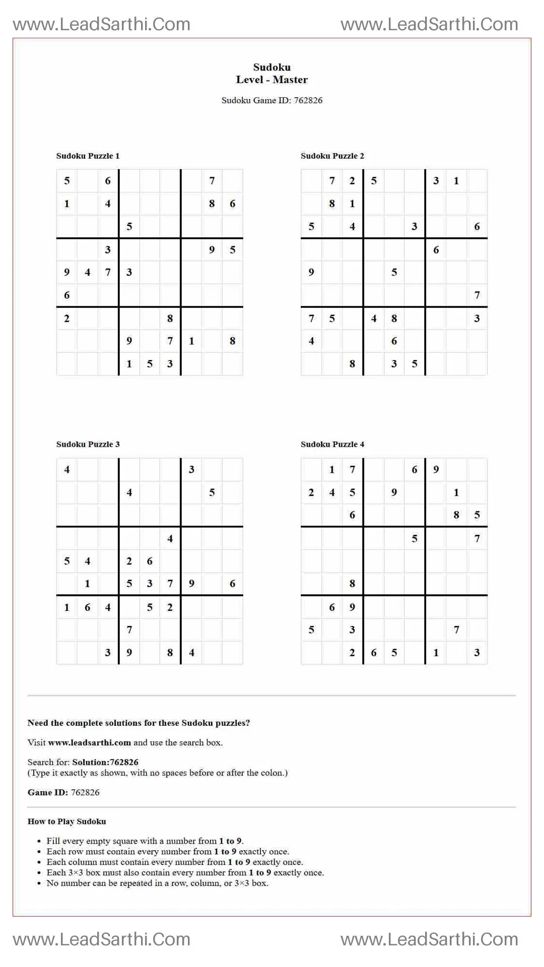 Sudoku Puzzles 4 per Page Master Level pdf [Game ID: 762826] Thumbnail