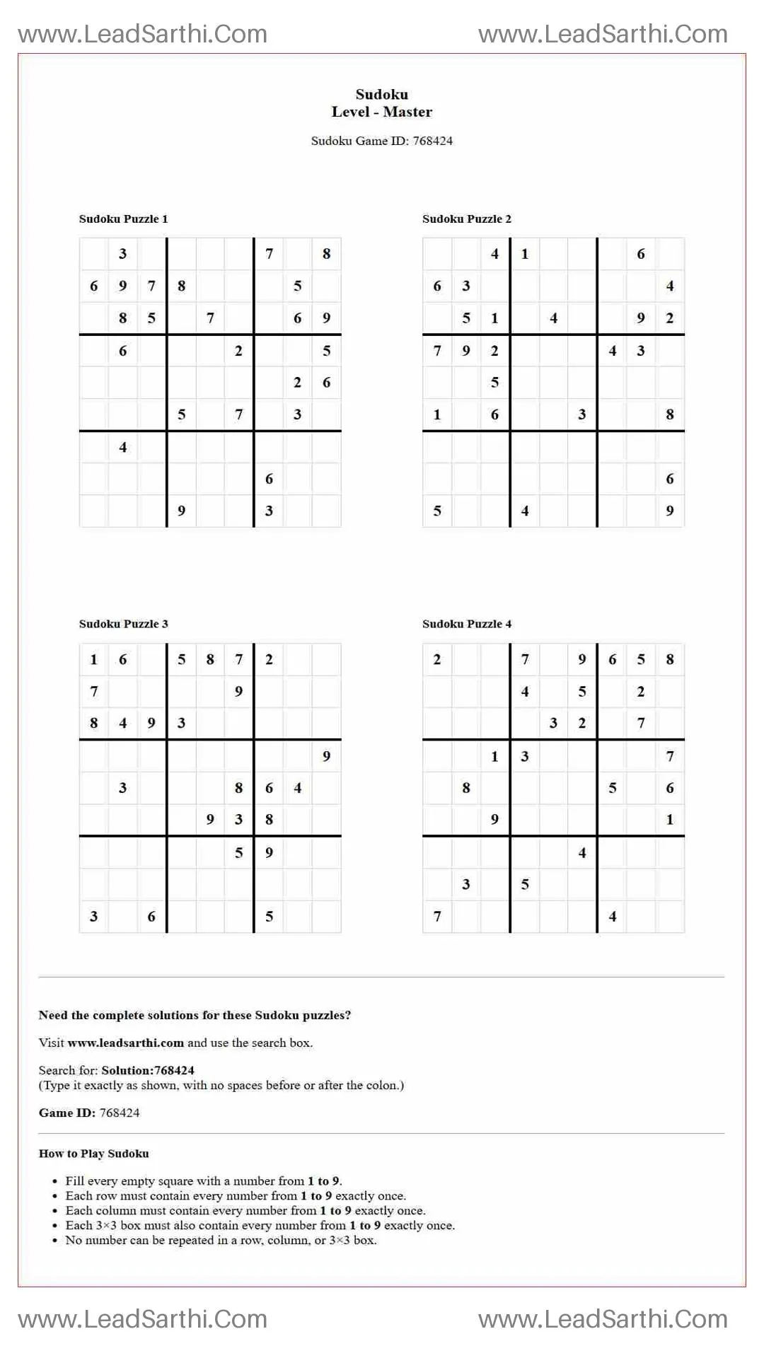 Sudoku Puzzles 4 per Page Master Level pdf [Game ID: 768424] Thumbnail
