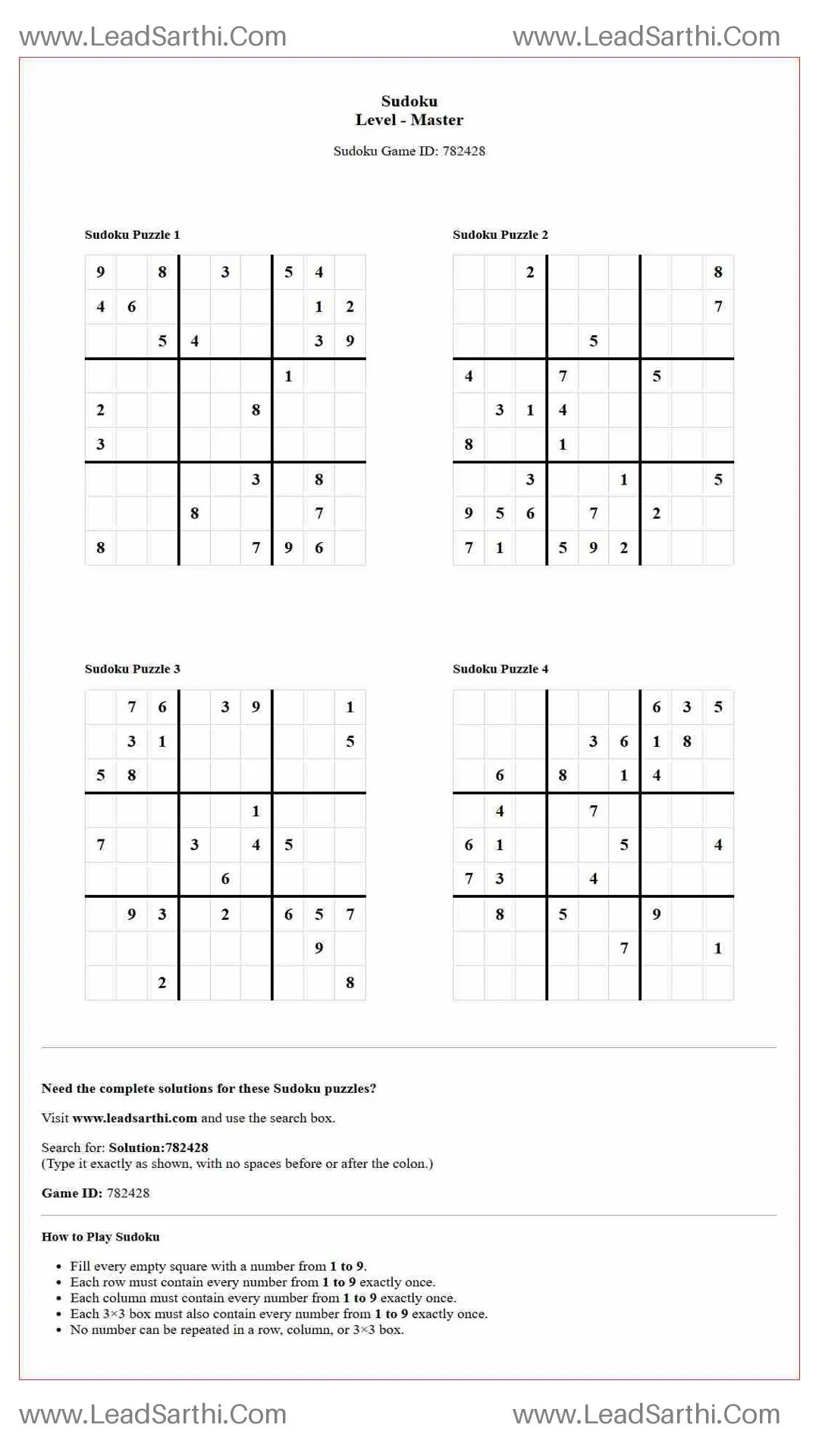 Sudoku Puzzles 4 per Page Master Level pdf [Game ID: 782428] Thumbnail