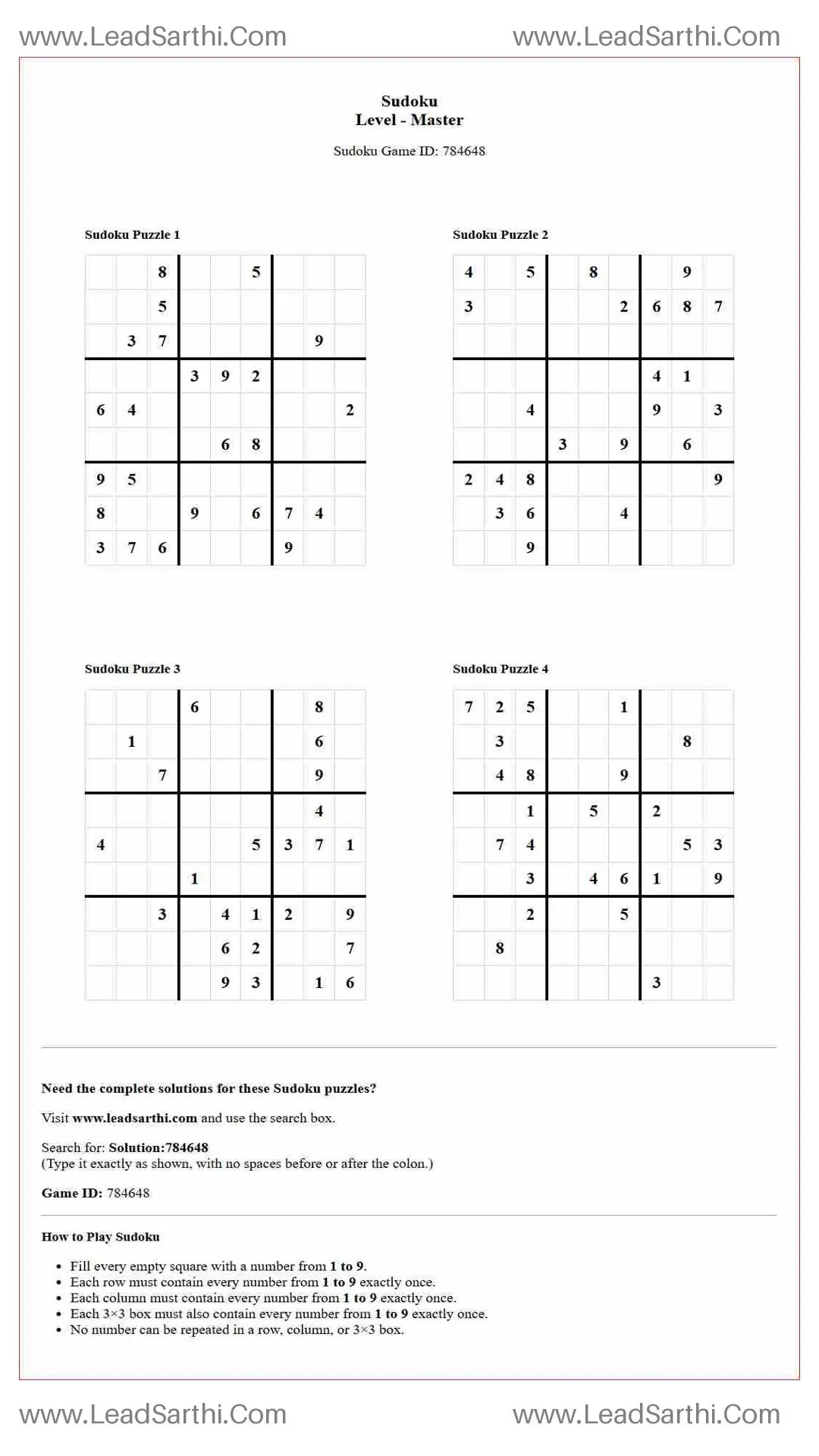 Sudoku Puzzles 4 per Page Master Level pdf [Game ID: 784648] Thumbnail