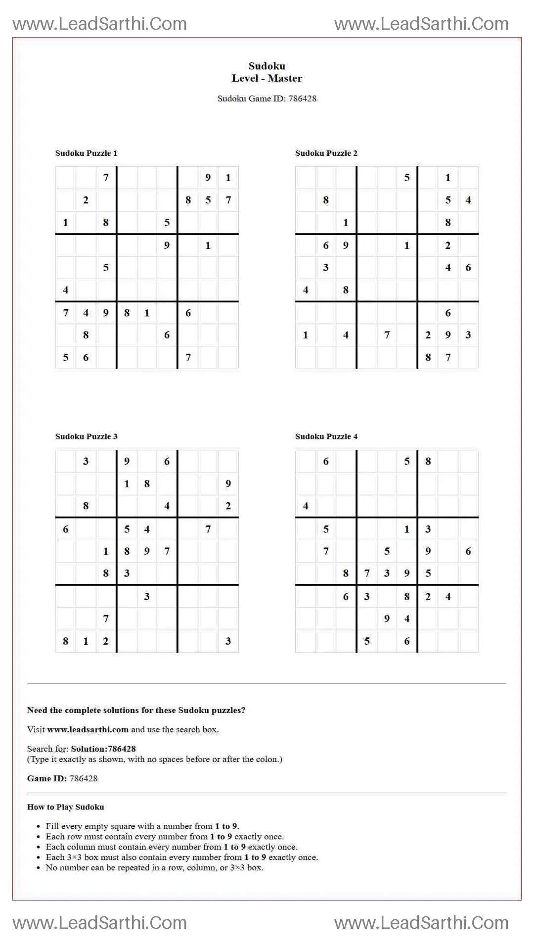 Sudoku Puzzles 4 per Page Master Level pdf [Game ID: 786428] Thumbnail