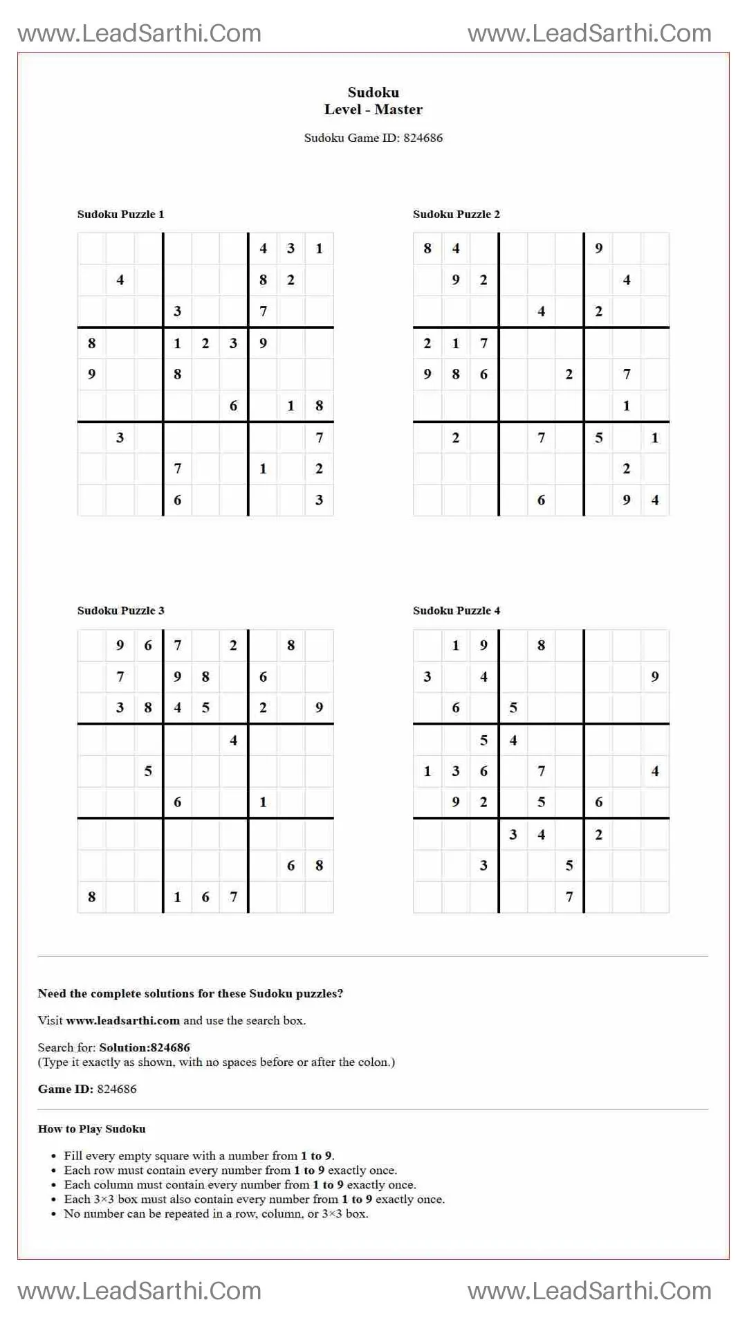 Sudoku Puzzles 4 per Page Master Level pdf [Game ID: 824686] Thumbnail