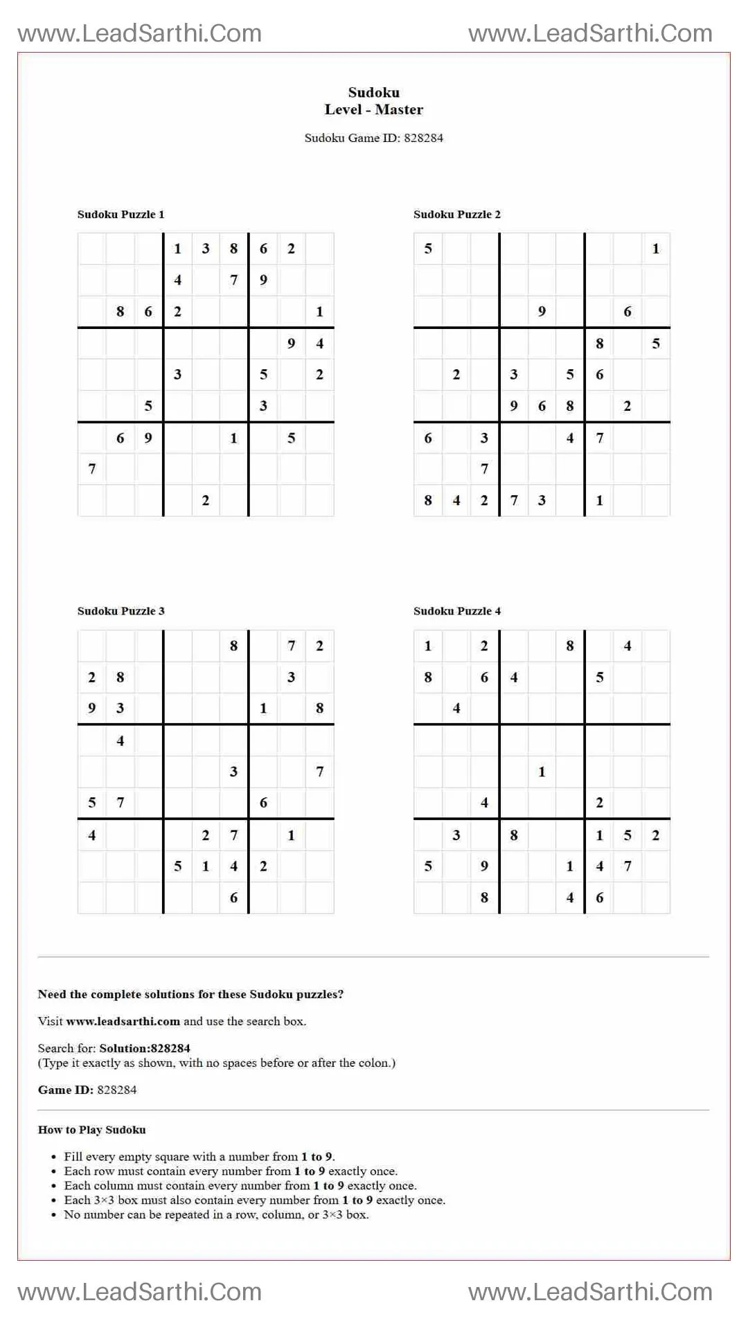 Sudoku Puzzles 4 per Page Master Level pdf [Game ID: 828284] Thumbnail