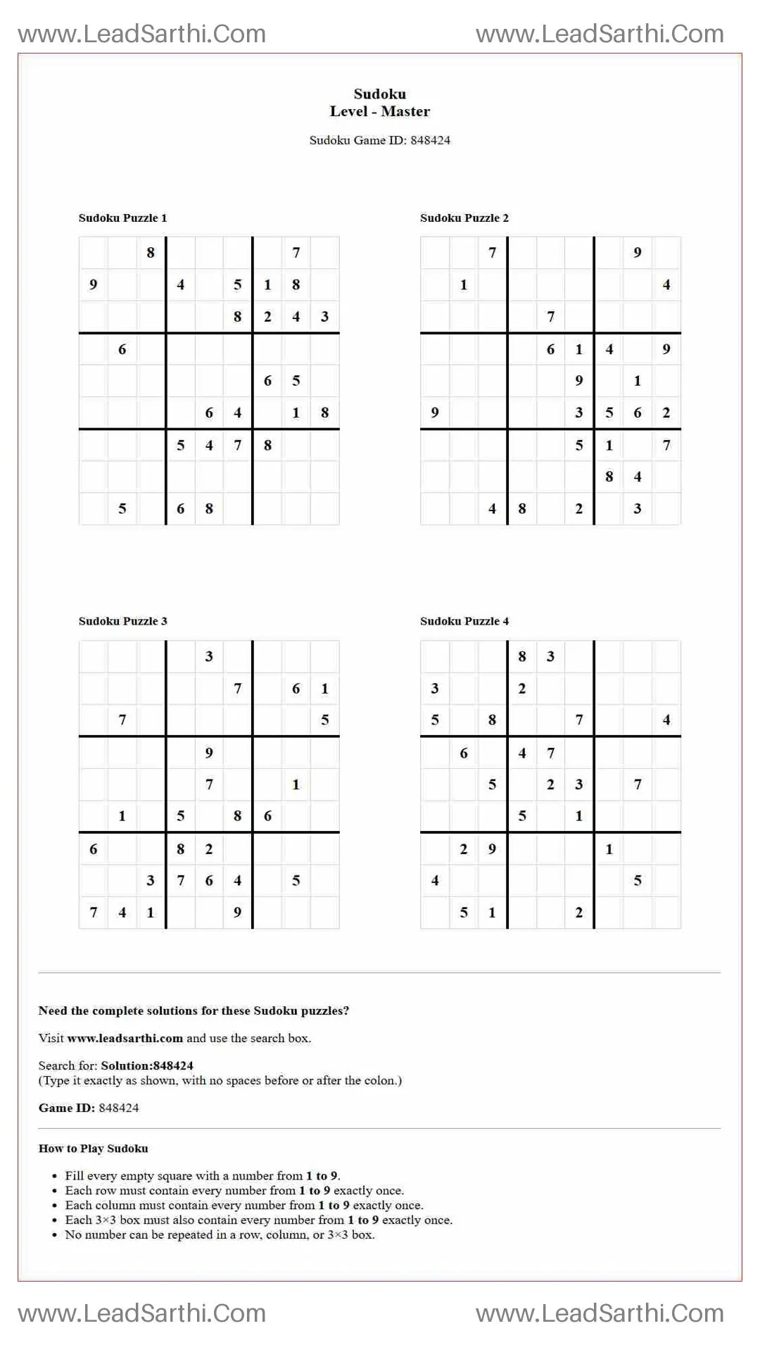 Sudoku Puzzles 4 per Page Master Level pdf [Game ID: 848424] Thumbnail