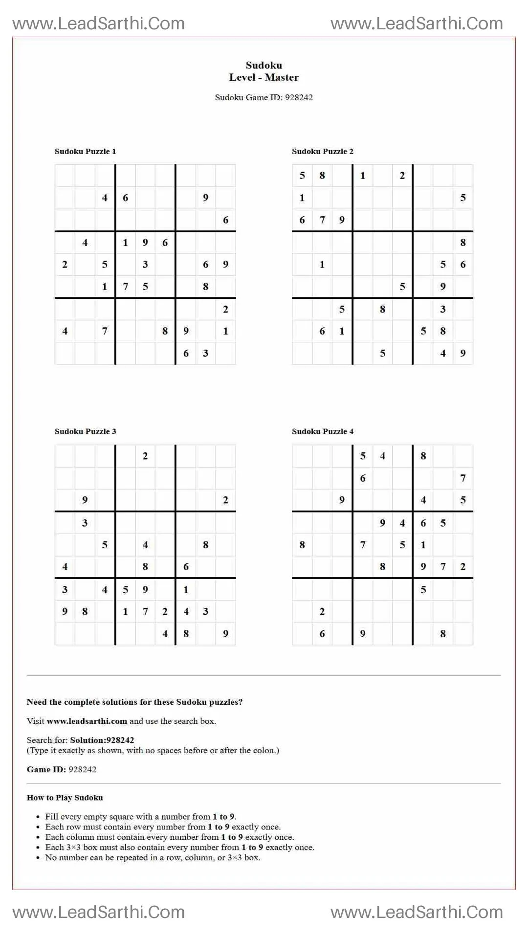Sudoku Puzzles 4 per Page Master Level pdf [Game ID: 928242] Thumbnail