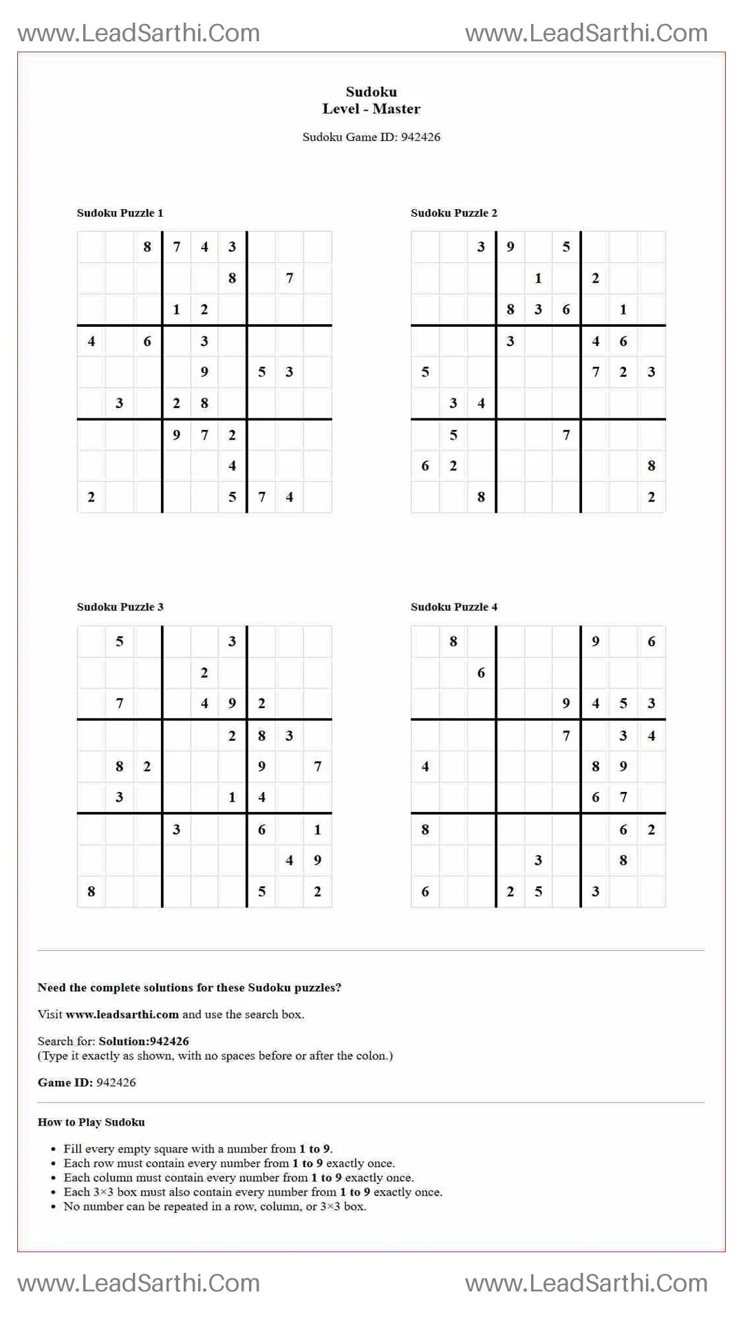 Sudoku Puzzles 4 per Page Master Level pdf [Game ID: 942426] Thumbnail