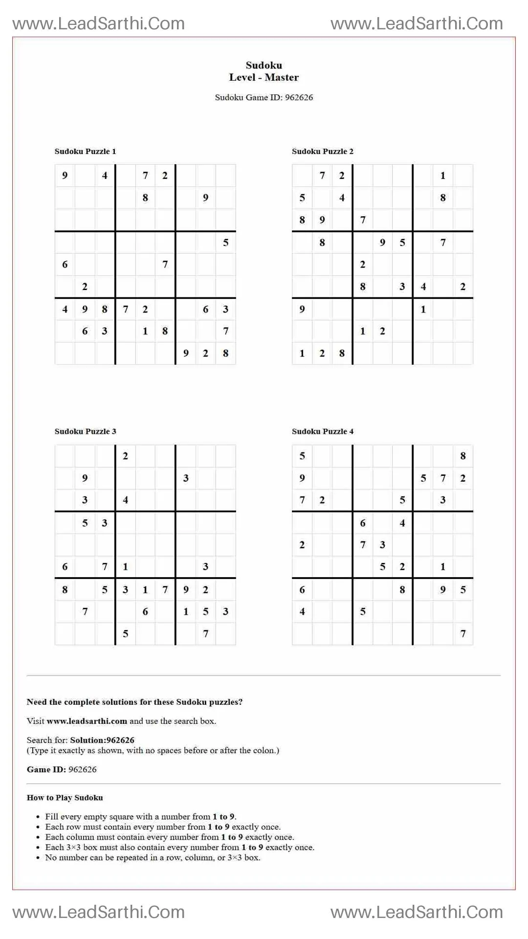 Sudoku Puzzles 4 per Page Master Level pdf [Game ID: 962626] Thumbnail