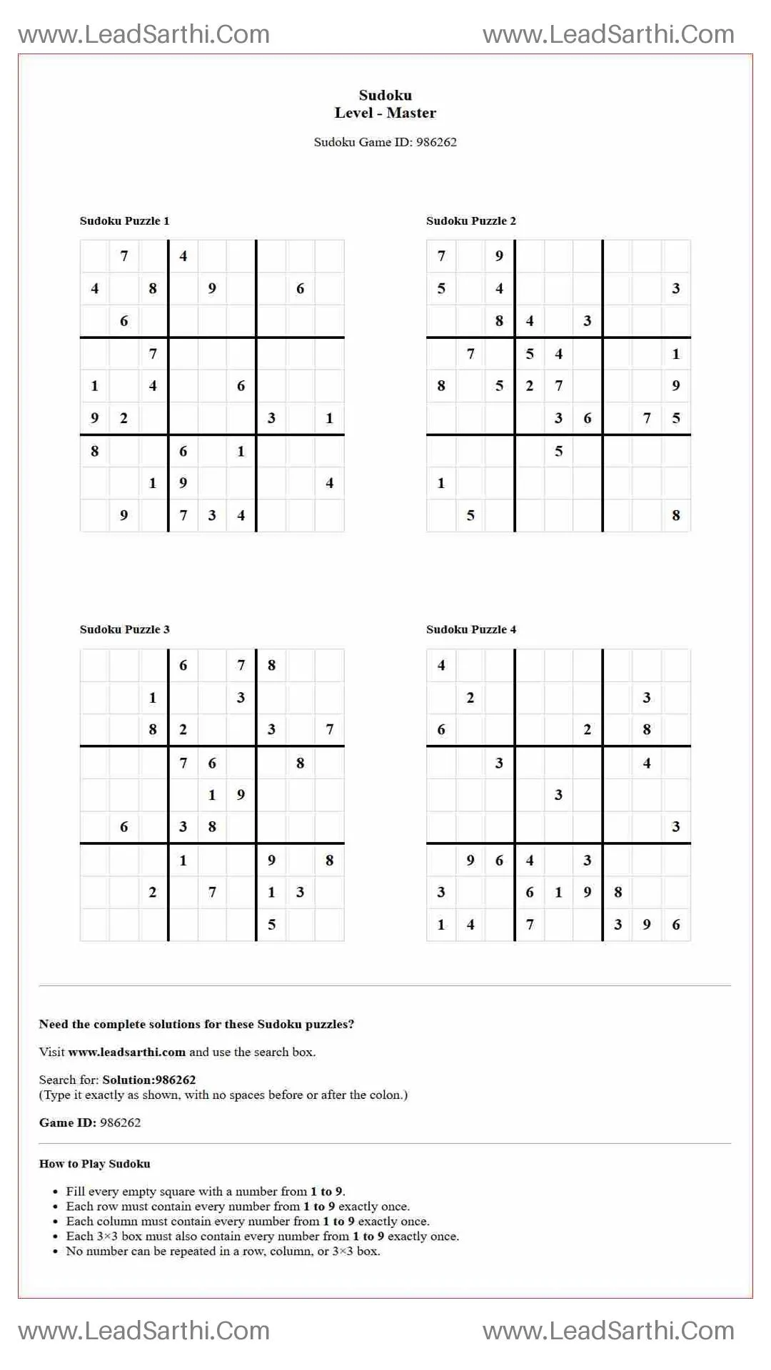 Sudoku Puzzles 4 per Page Master Level pdf [Game ID: 986262] Thumbnail