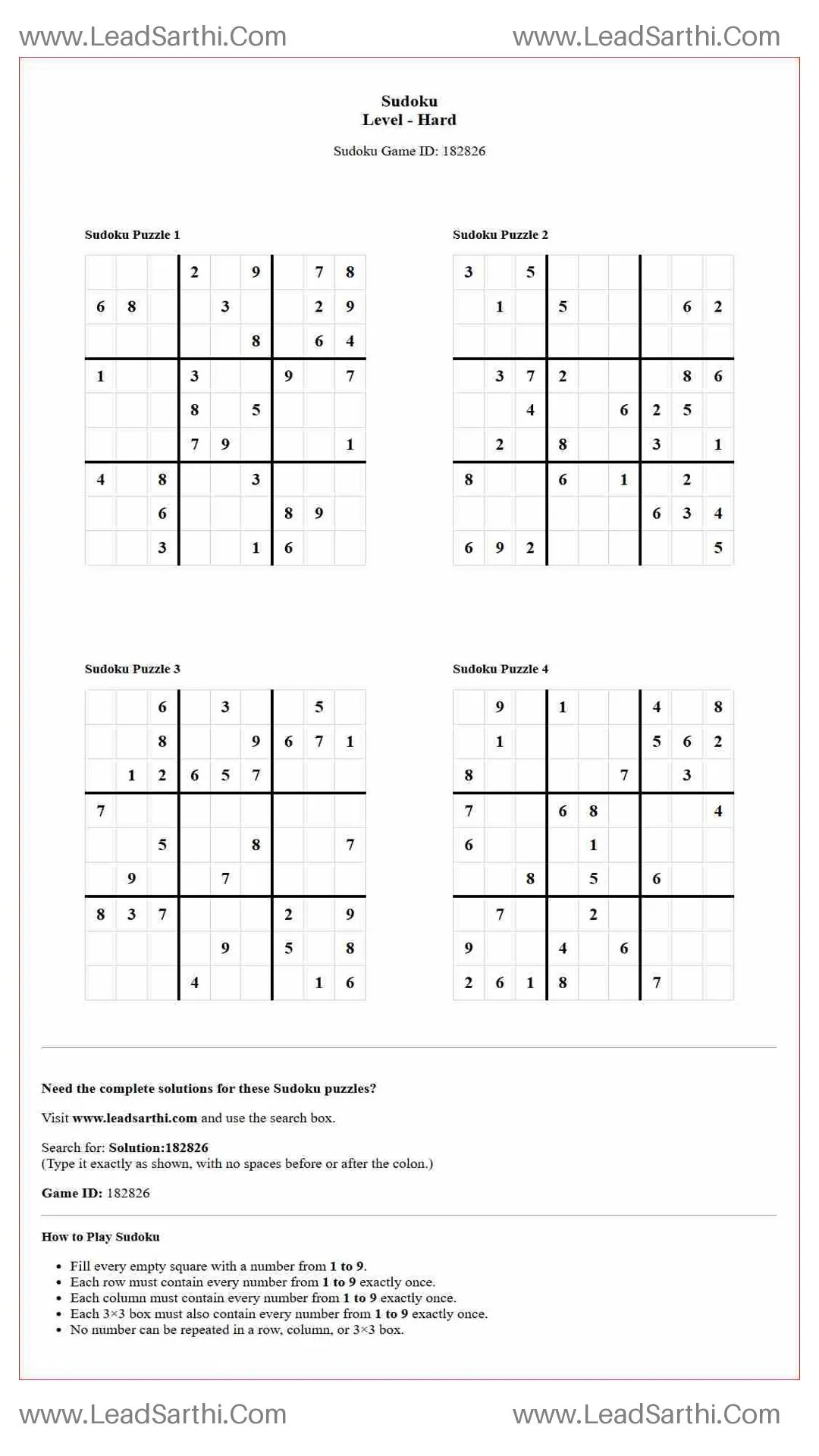 Sudoku Puzzles 4 per Page Hard Level pdf [Game ID: 182826] Thumbnail