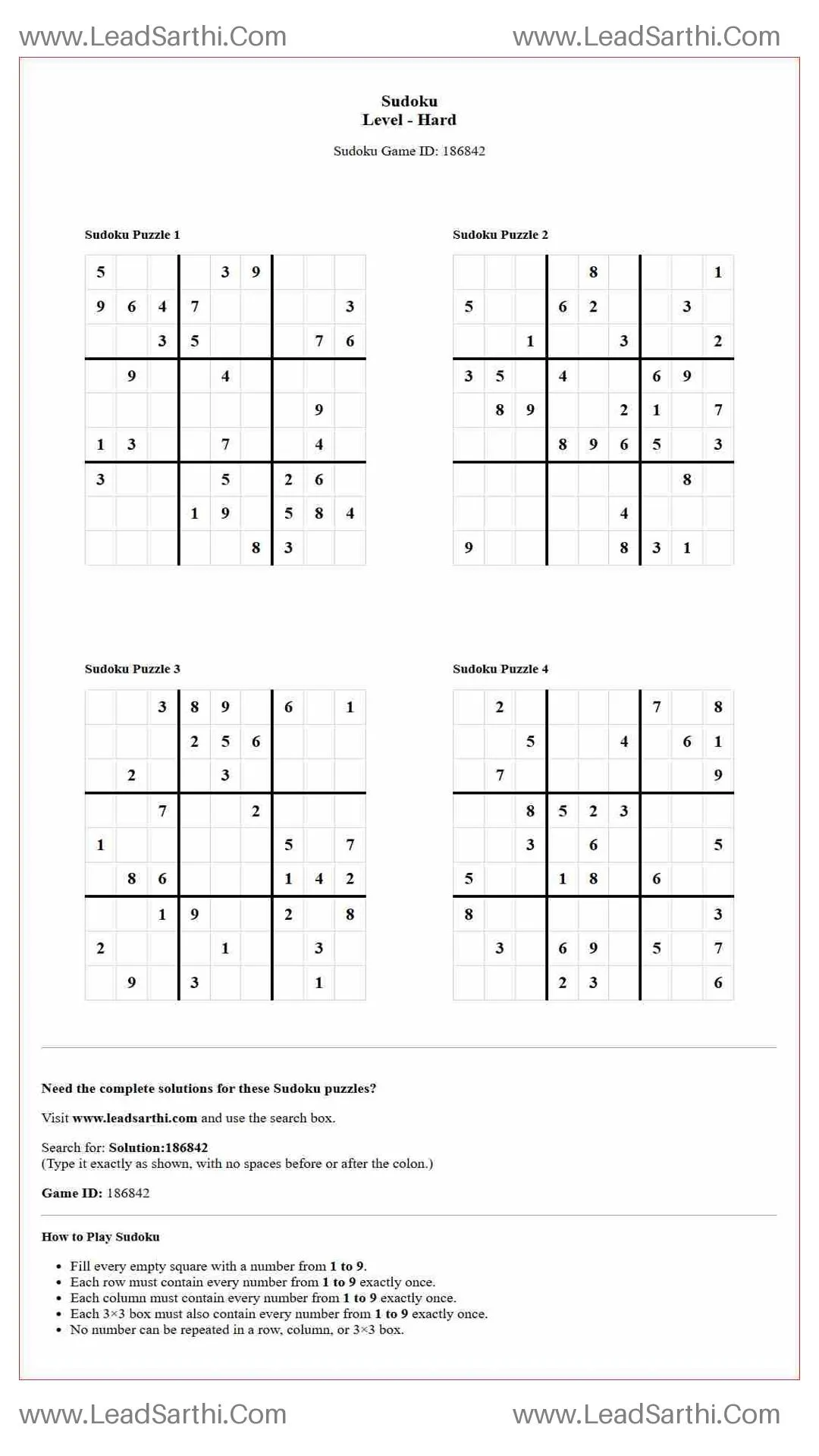 Sudoku Puzzles 4 per Page Hard Level pdf [Game ID: 186842] Thumbnail