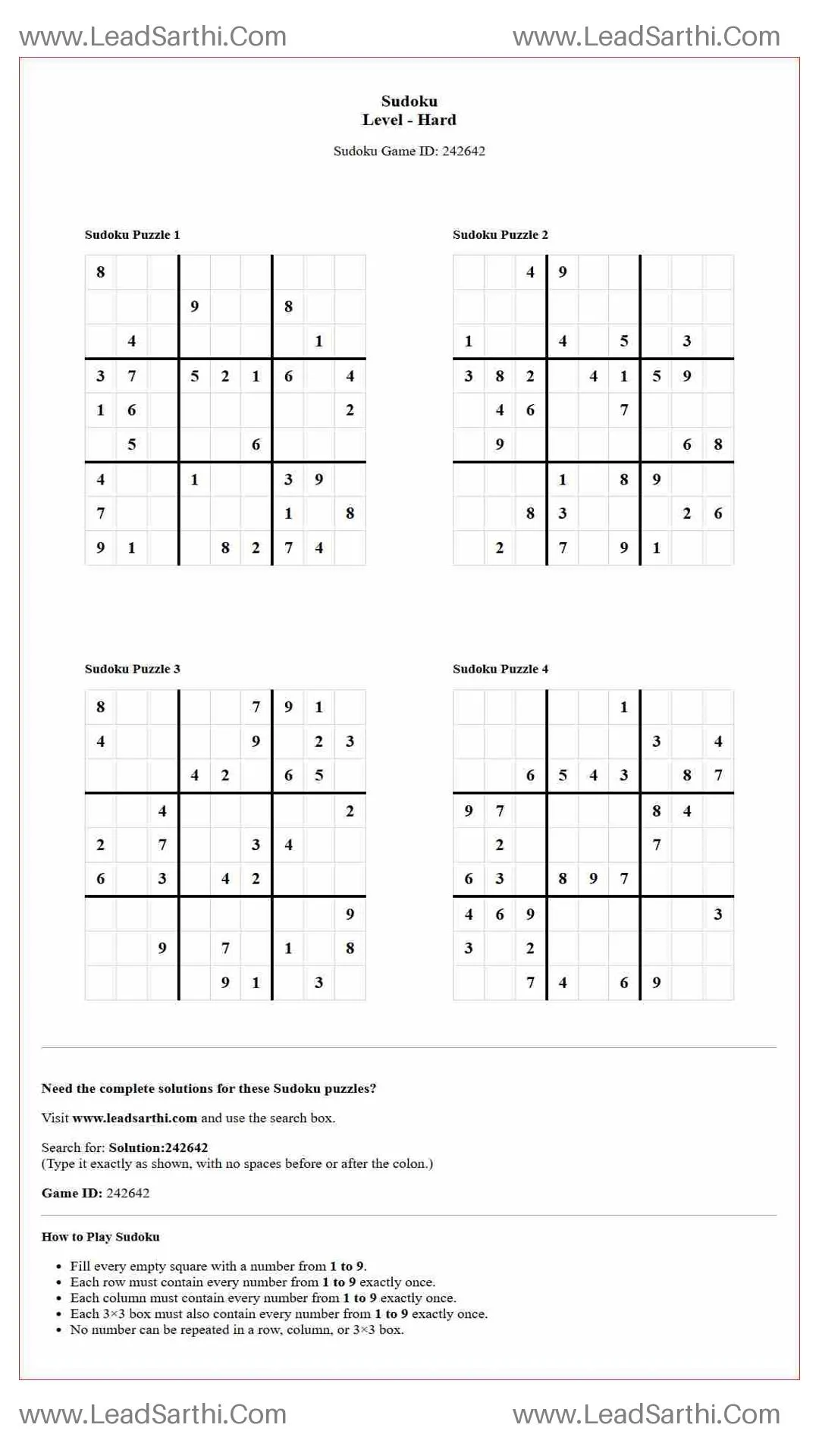 Sudoku Puzzles 4 per Page Hard Level pdf [Game ID: 242642] Thumbnail