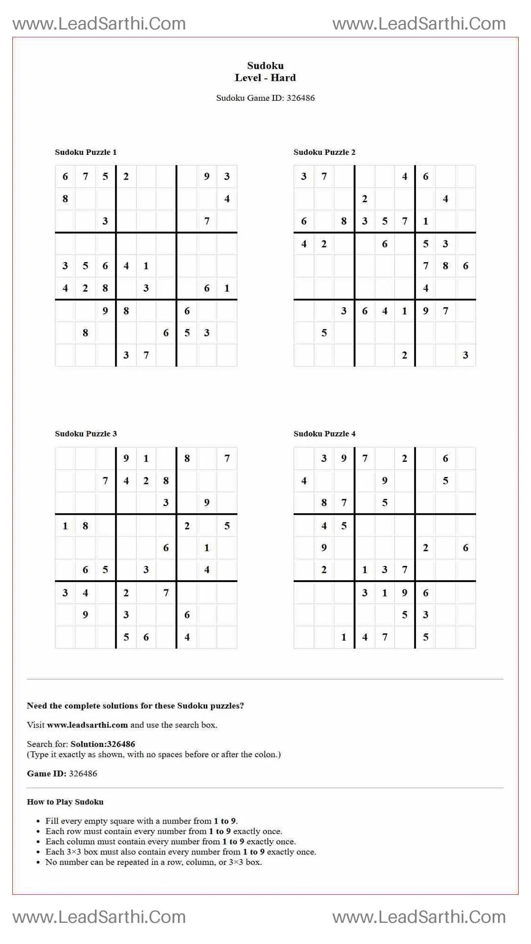 Sudoku Puzzles 4 per Page Hard Level pdf [Game ID: 326486] Thumbnail