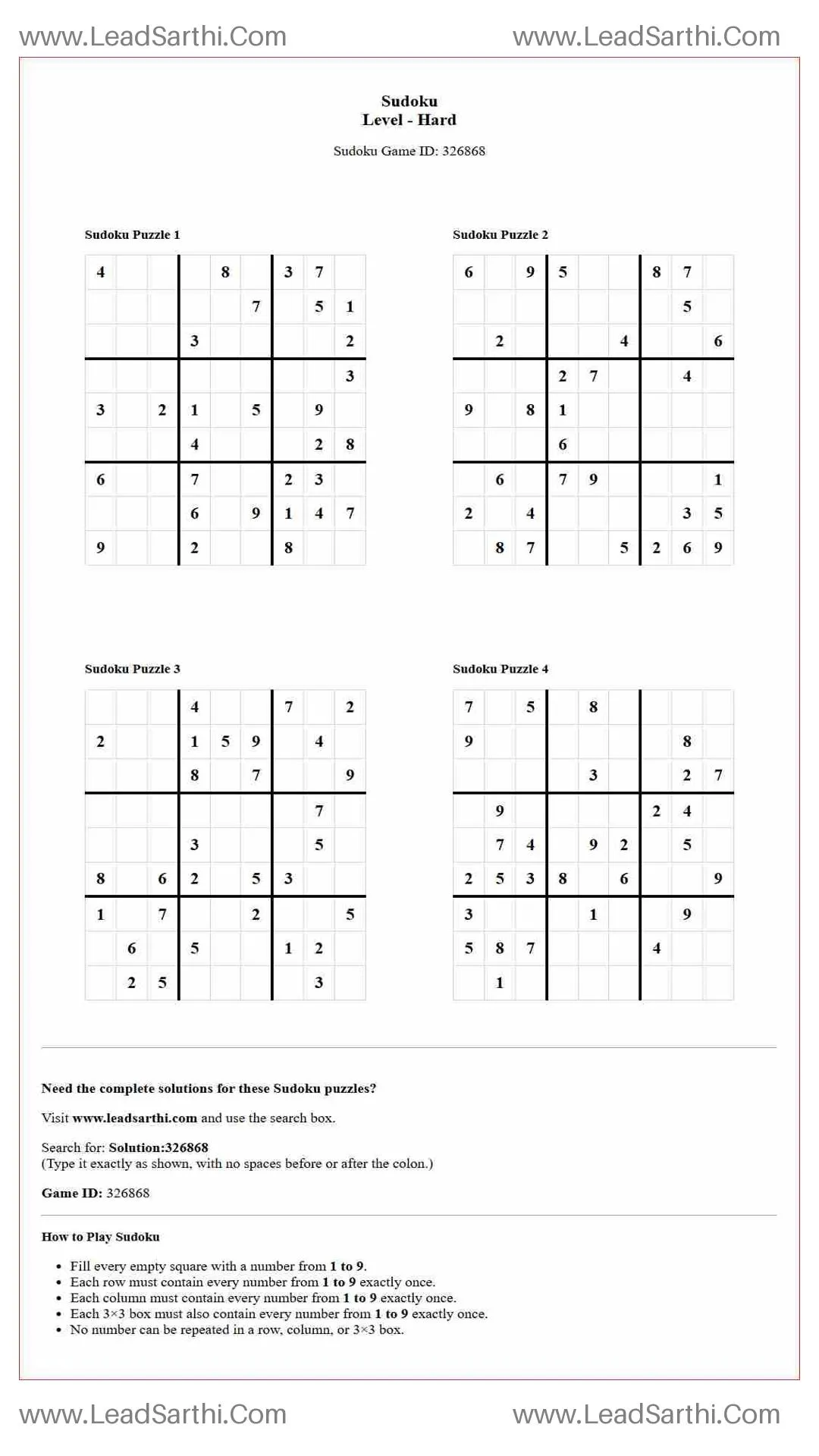 Sudoku Puzzles 4 per Page Hard Level pdf [Game ID: 326868] Thumbnail
