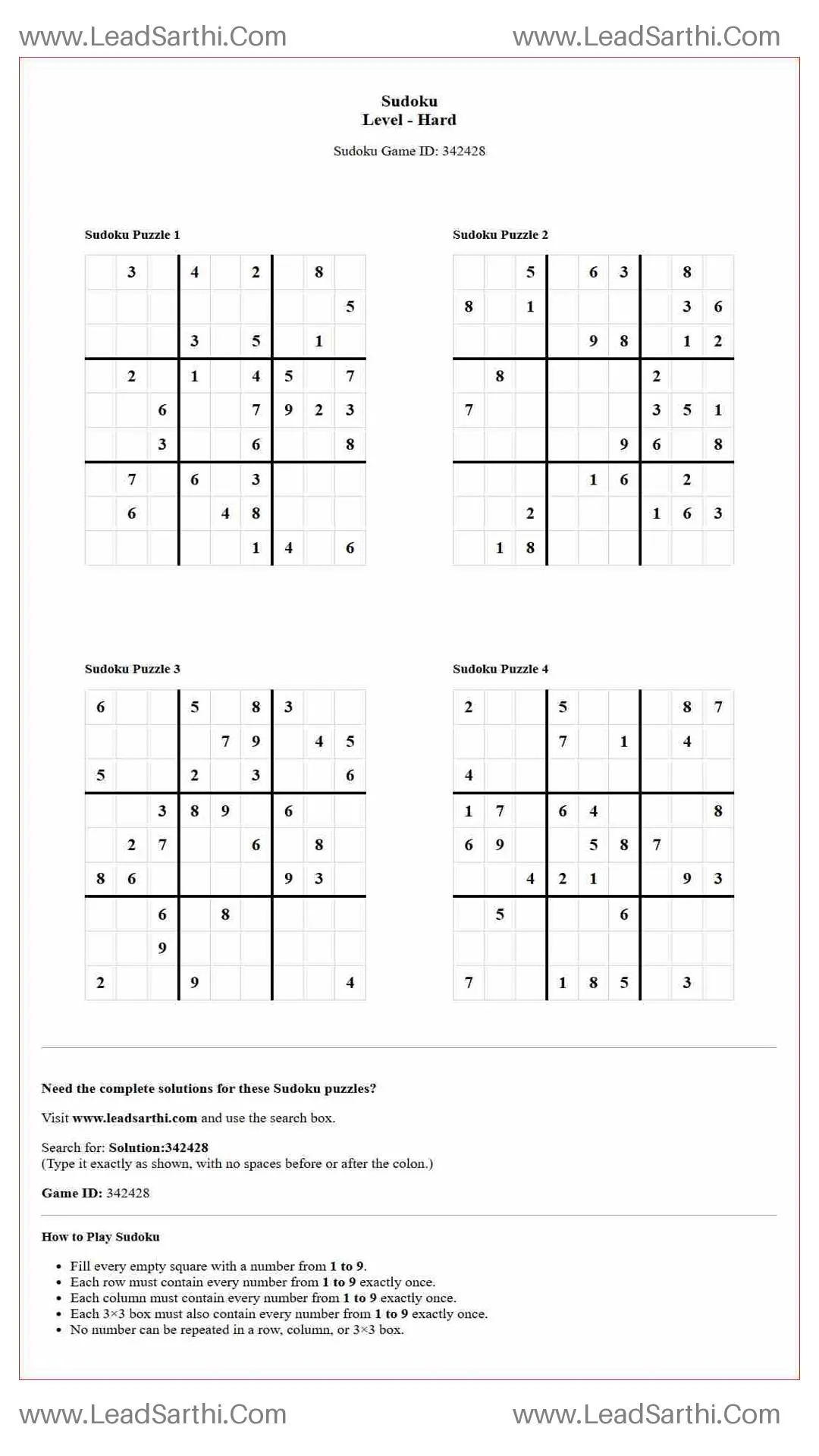 Sudoku Puzzles 4 per Page Hard Level pdf [Game ID: 342428] Thumbnail