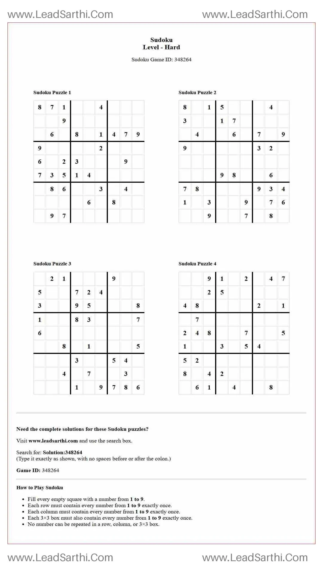 Sudoku Puzzles 4 per Page Hard Level pdf [Game ID: 348264] Thumbnail