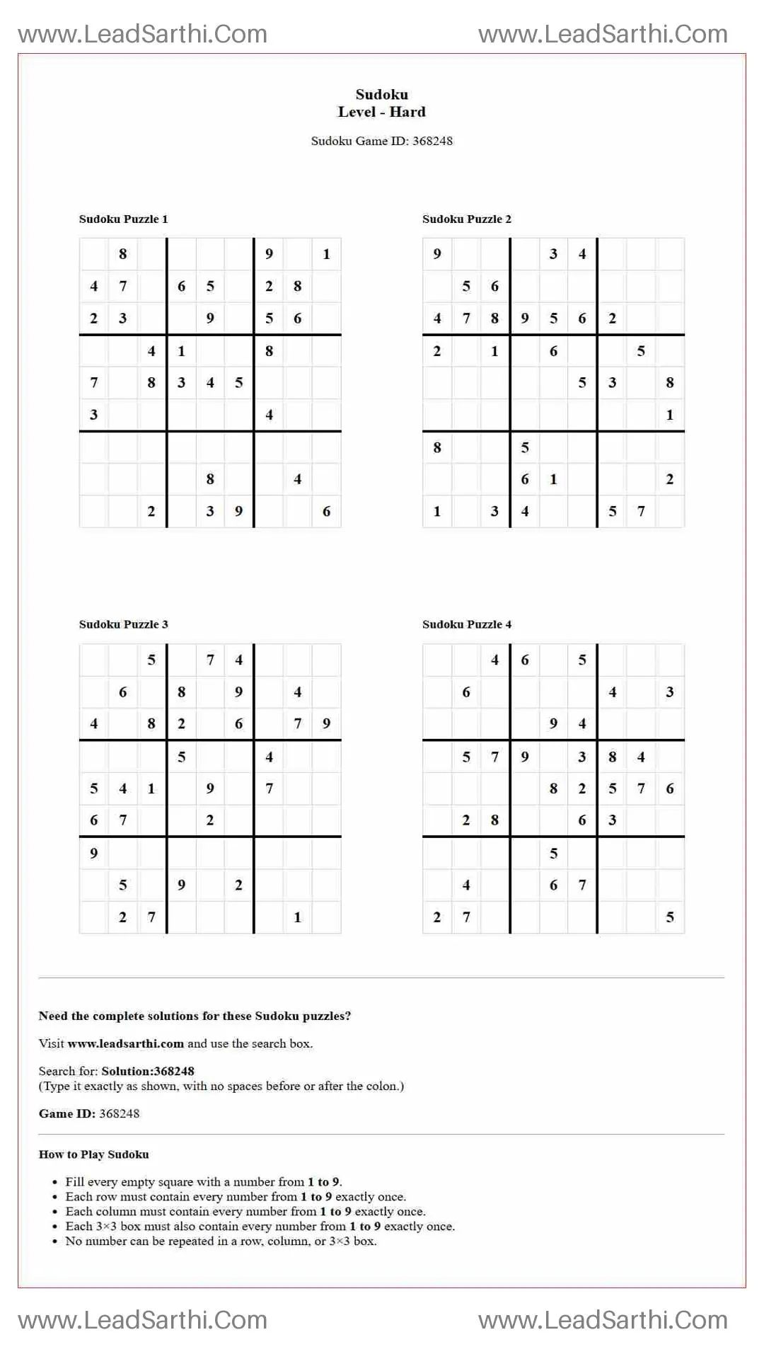Sudoku Puzzles 4 per Page Hard Level pdf [Game ID: 368248] Thumbnail