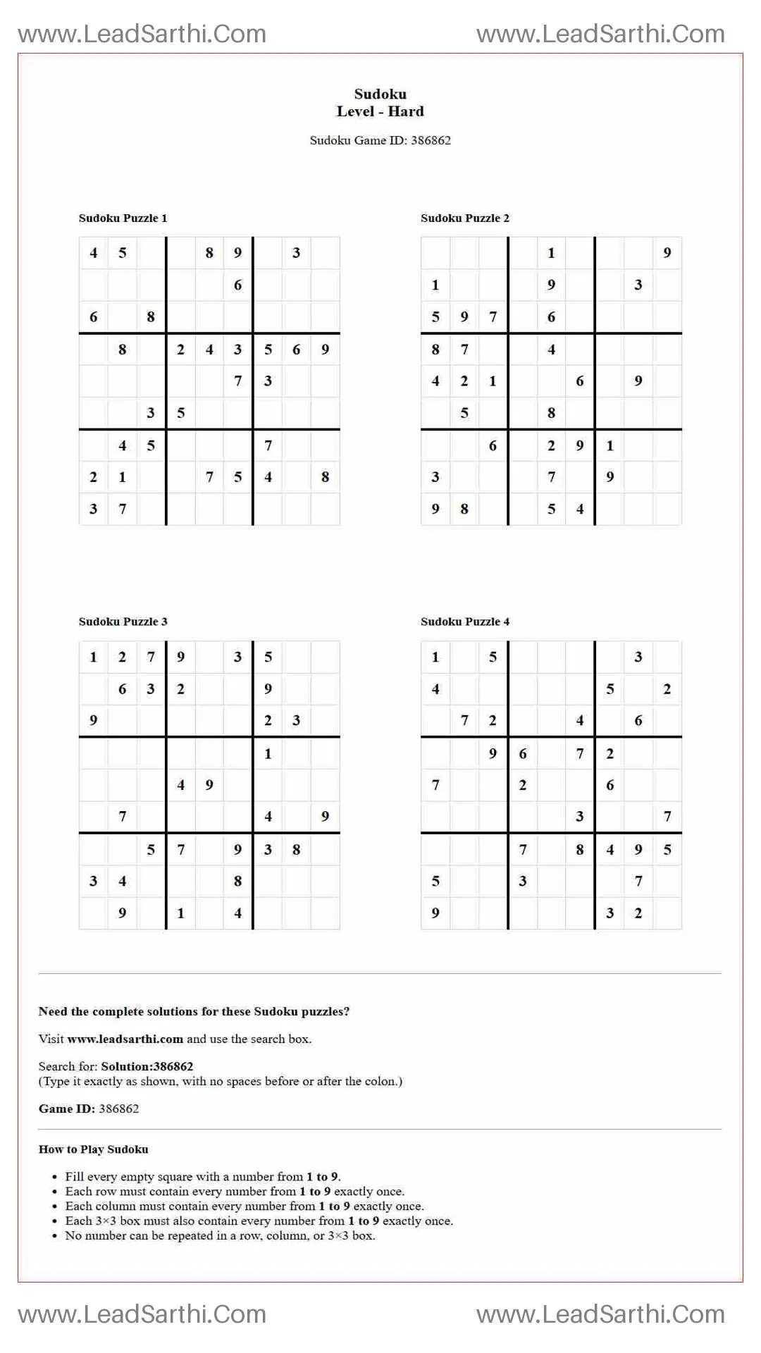 Sudoku Puzzles 4 per Page Hard Level pdf [Game ID: 386862] Thumbnail