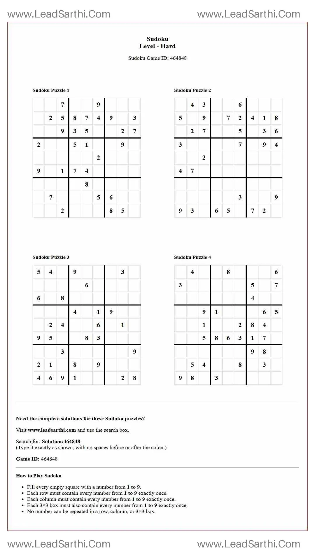 Sudoku Puzzles 4 per Page Hard Level pdf [Game ID: 464848] Thumbnail