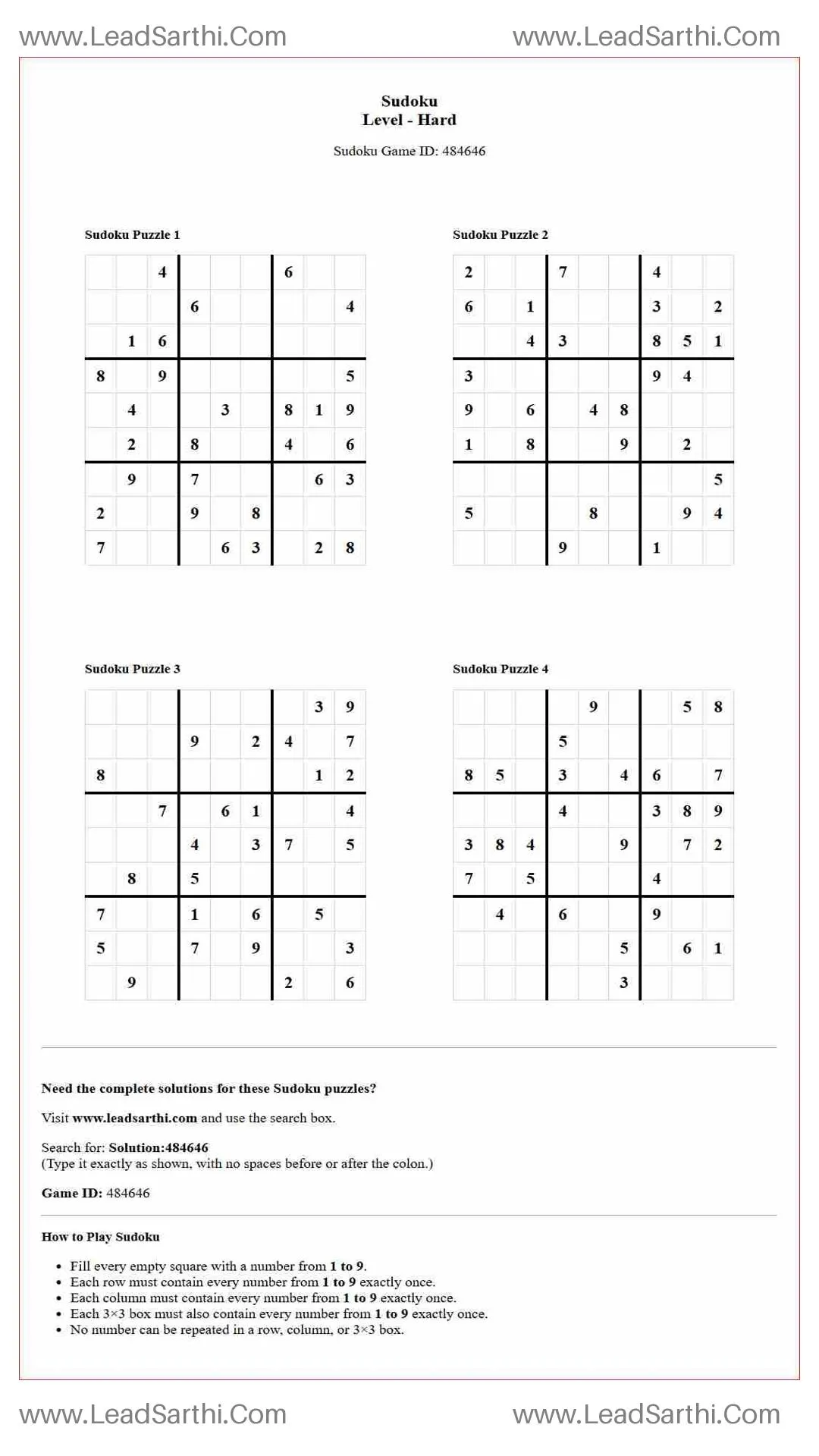 Sudoku Puzzles 4 per Page Hard Level pdf [Game ID: 484646] Thumbnail