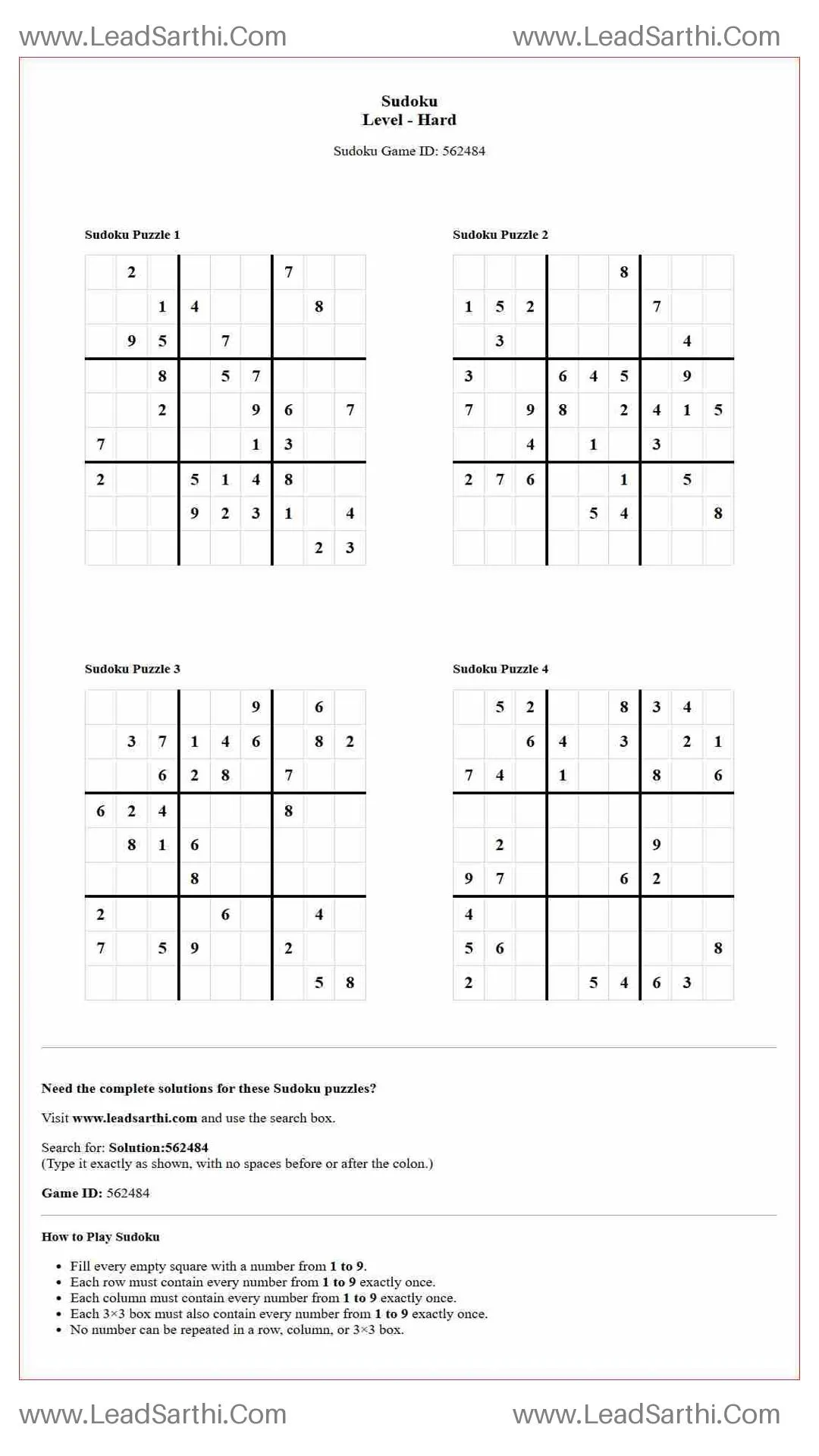 Sudoku Puzzles 4 per Page Hard Level pdf [Game ID: 562484] Thumbnail