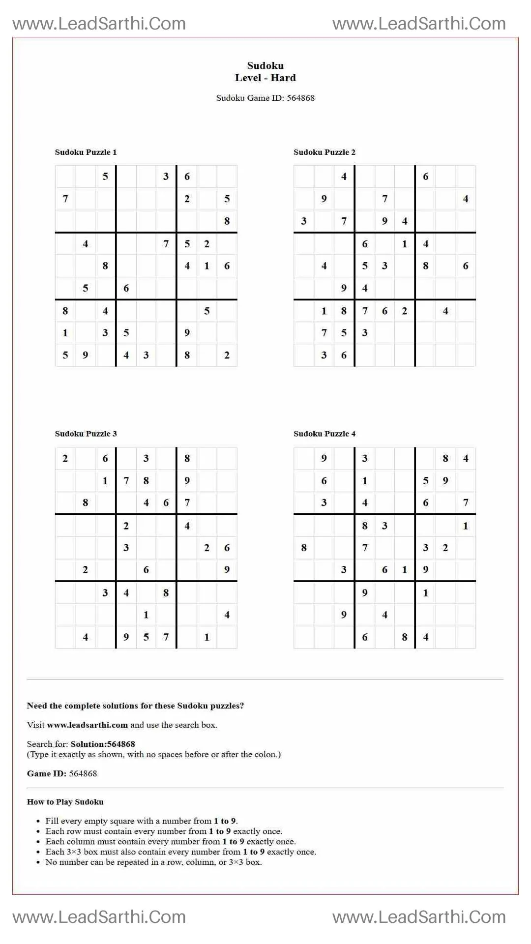 Sudoku Puzzles 4 per Page Hard Level pdf [Game ID: 564868] Thumbnail