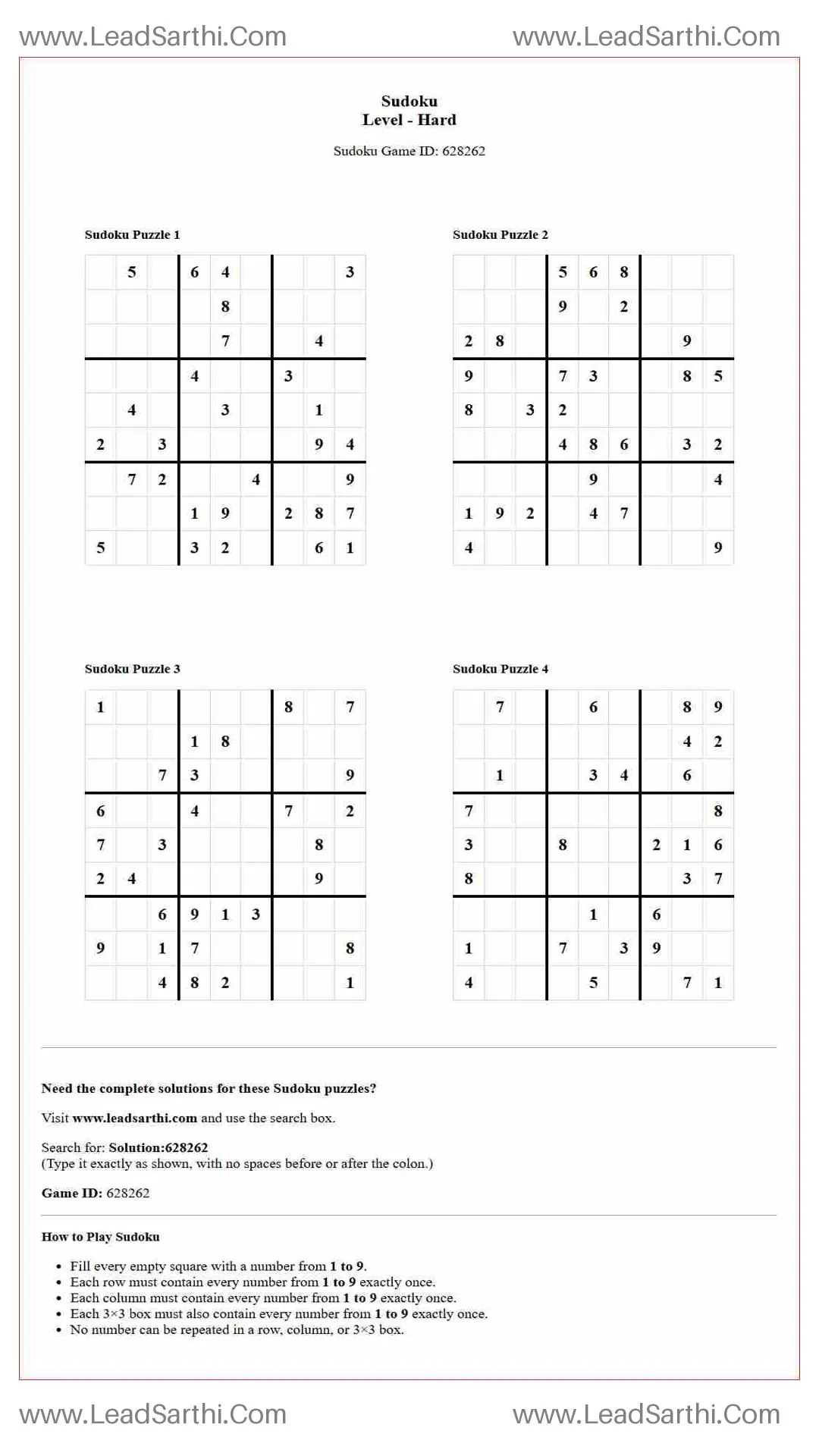 Sudoku Puzzles 4 per Page Hard Level pdf [Game ID: 628262] Thumbnail
