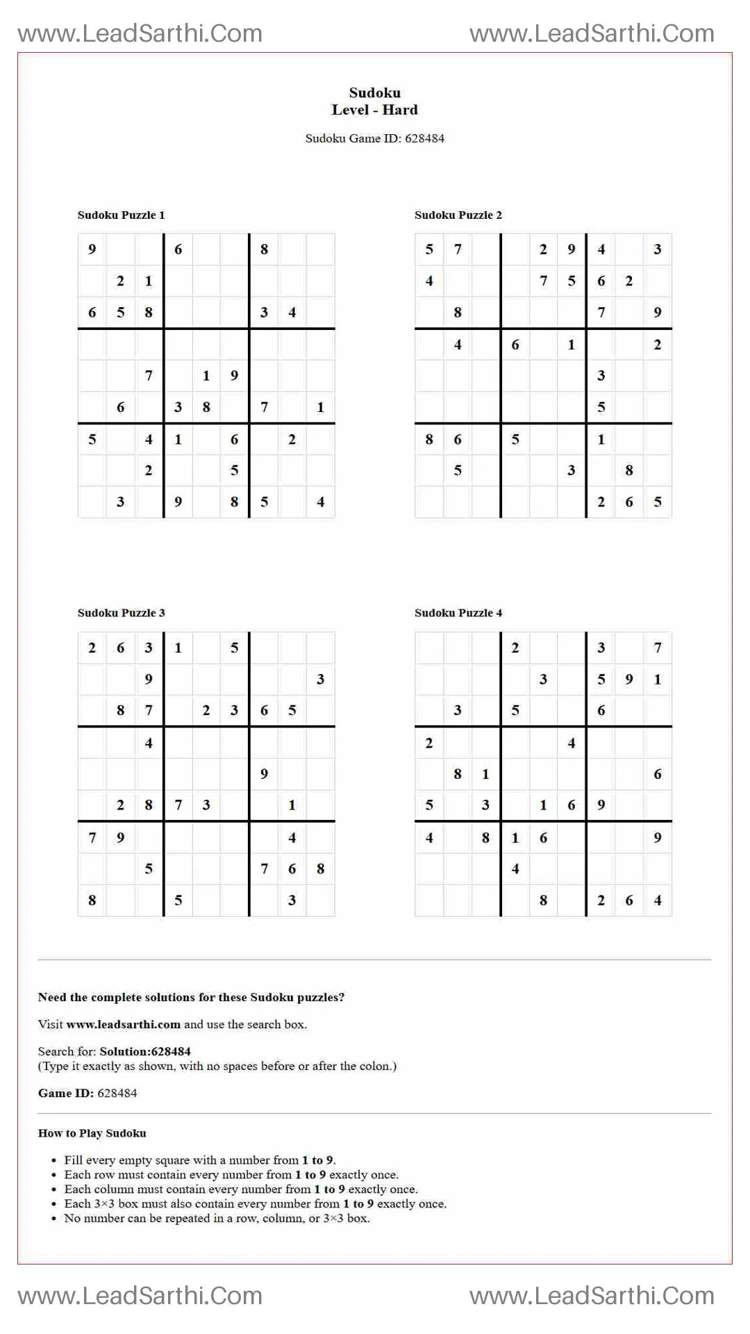 Sudoku Puzzles 4 per Page Hard Level pdf [Game ID: 628484] Thumbnail