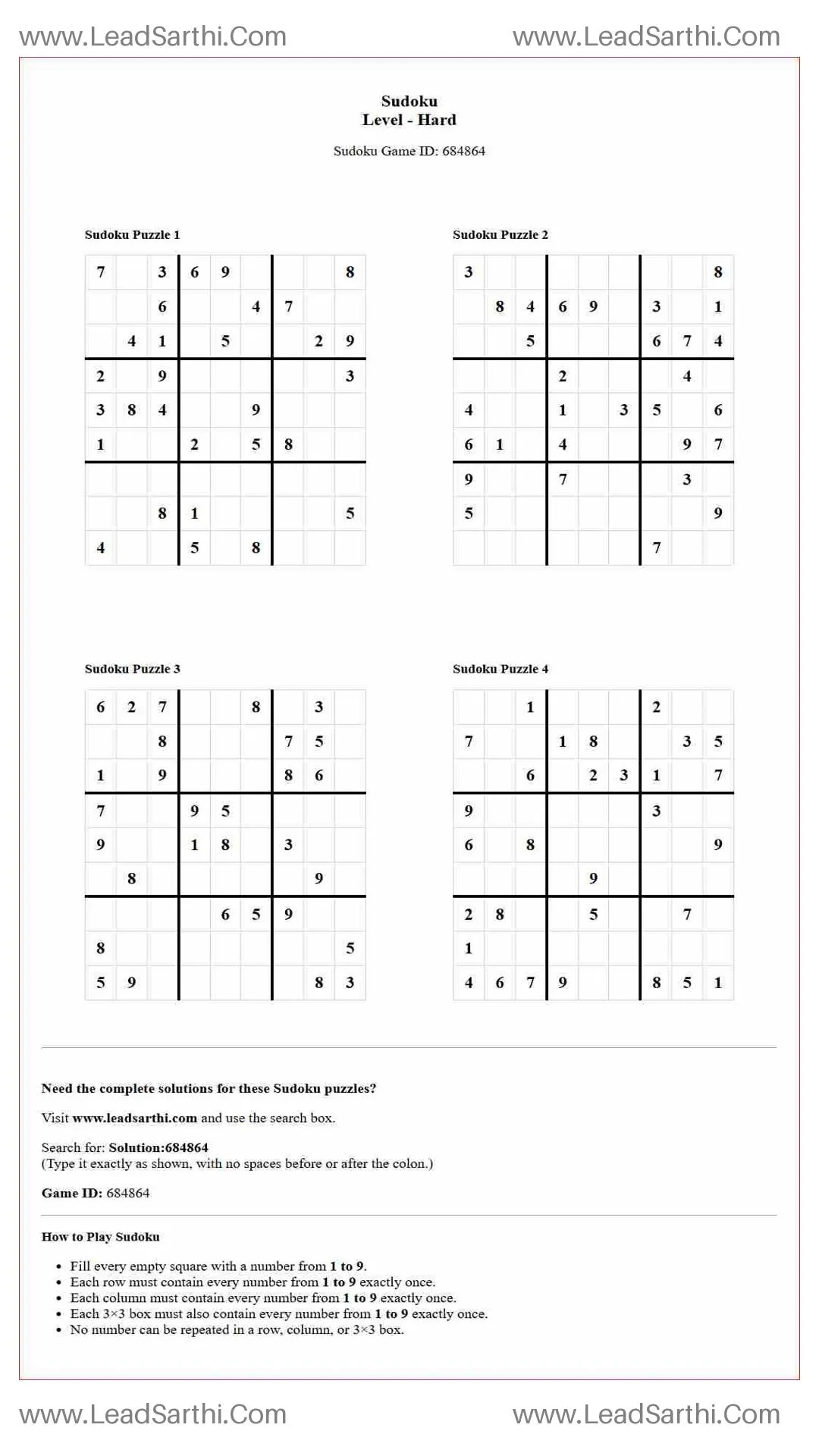 Sudoku Puzzles 4 per Page Hard Level pdf [Game ID: 684864] Thumbnail