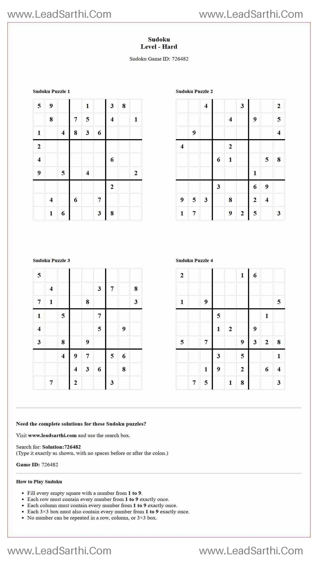 Sudoku Puzzles 4 per Page Hard Level pdf [Game ID: 726482] Thumbnail