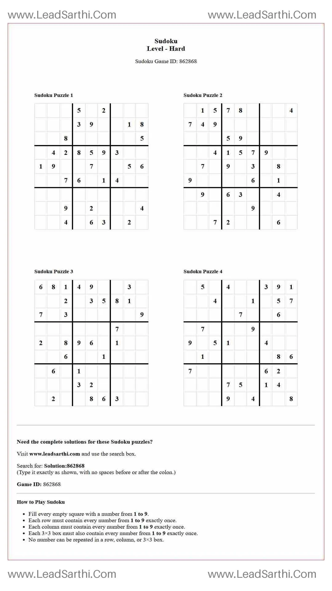Sudoku Puzzles 4 per Page Hard Level pdf [Game ID: 862868] Thumbnail