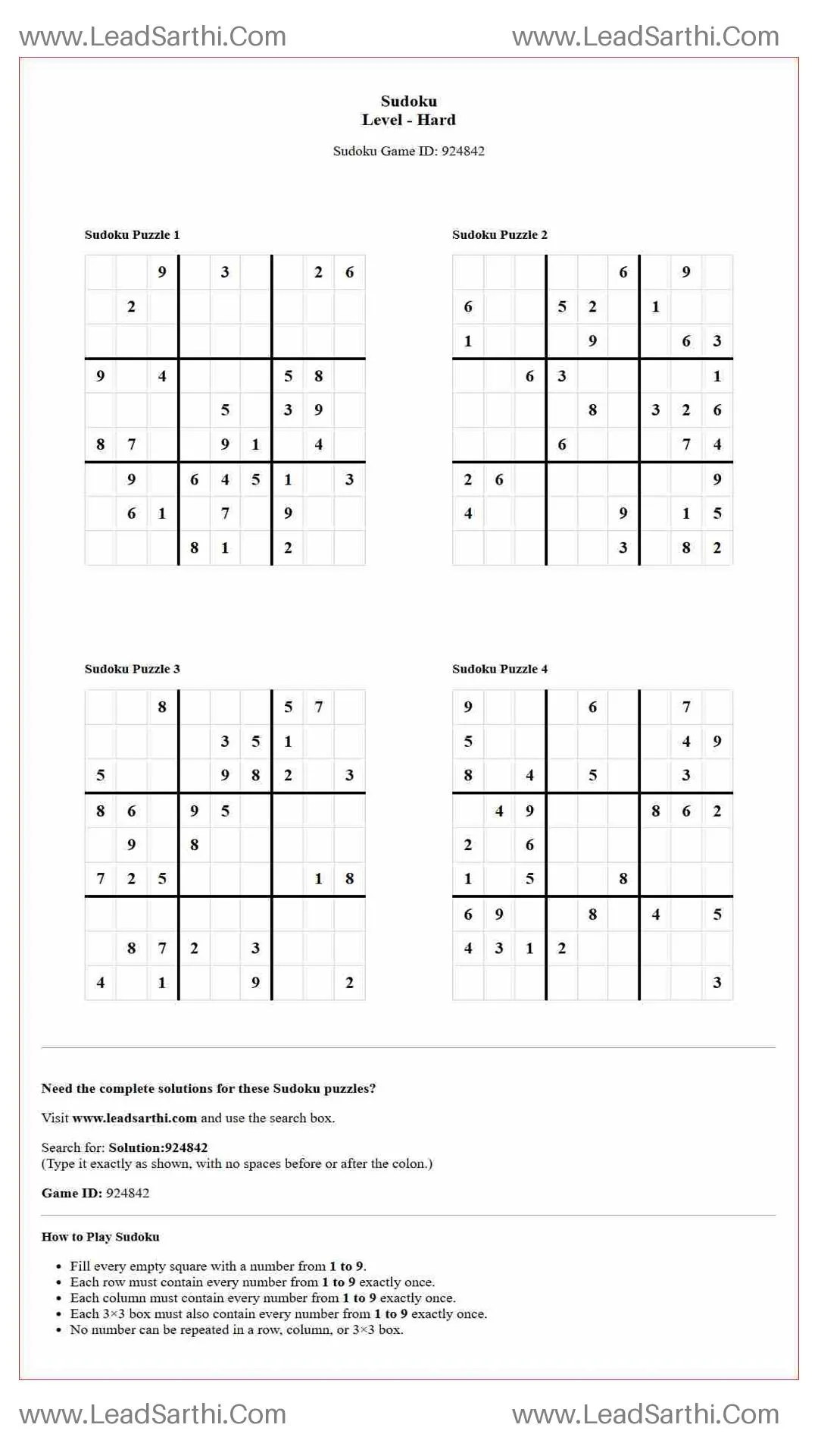 Sudoku Puzzles 4 per Page Hard Level pdf [Game ID: 924842] Thumbnail