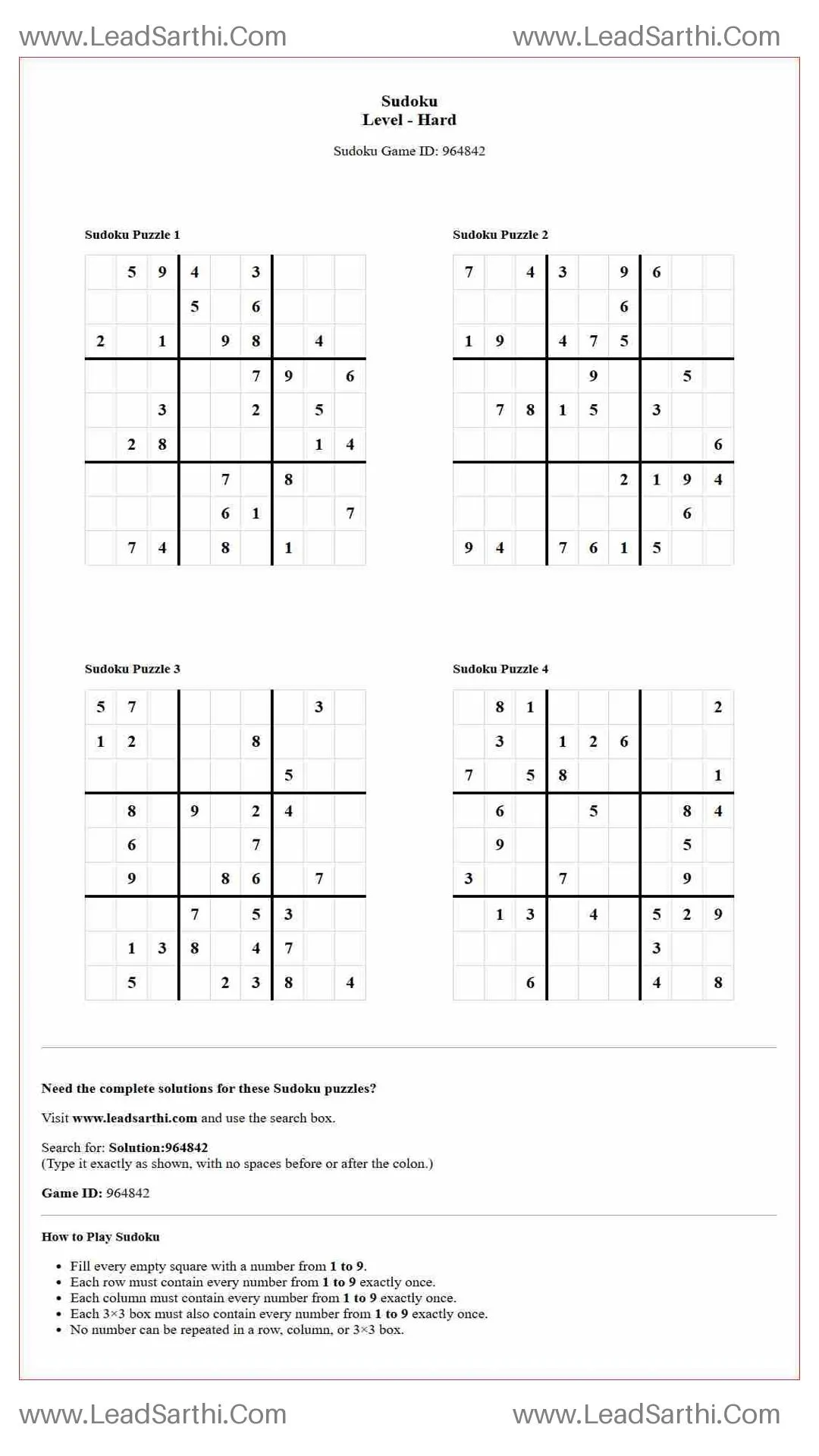 Sudoku Puzzles 4 per Page Hard Level pdf [Game ID: 964842] Thumbnail