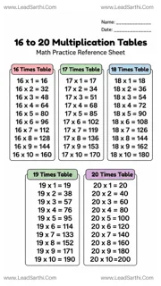 Printable 16 to 20 Multiplication Tables PDF | Math Reference Sheet Design Template